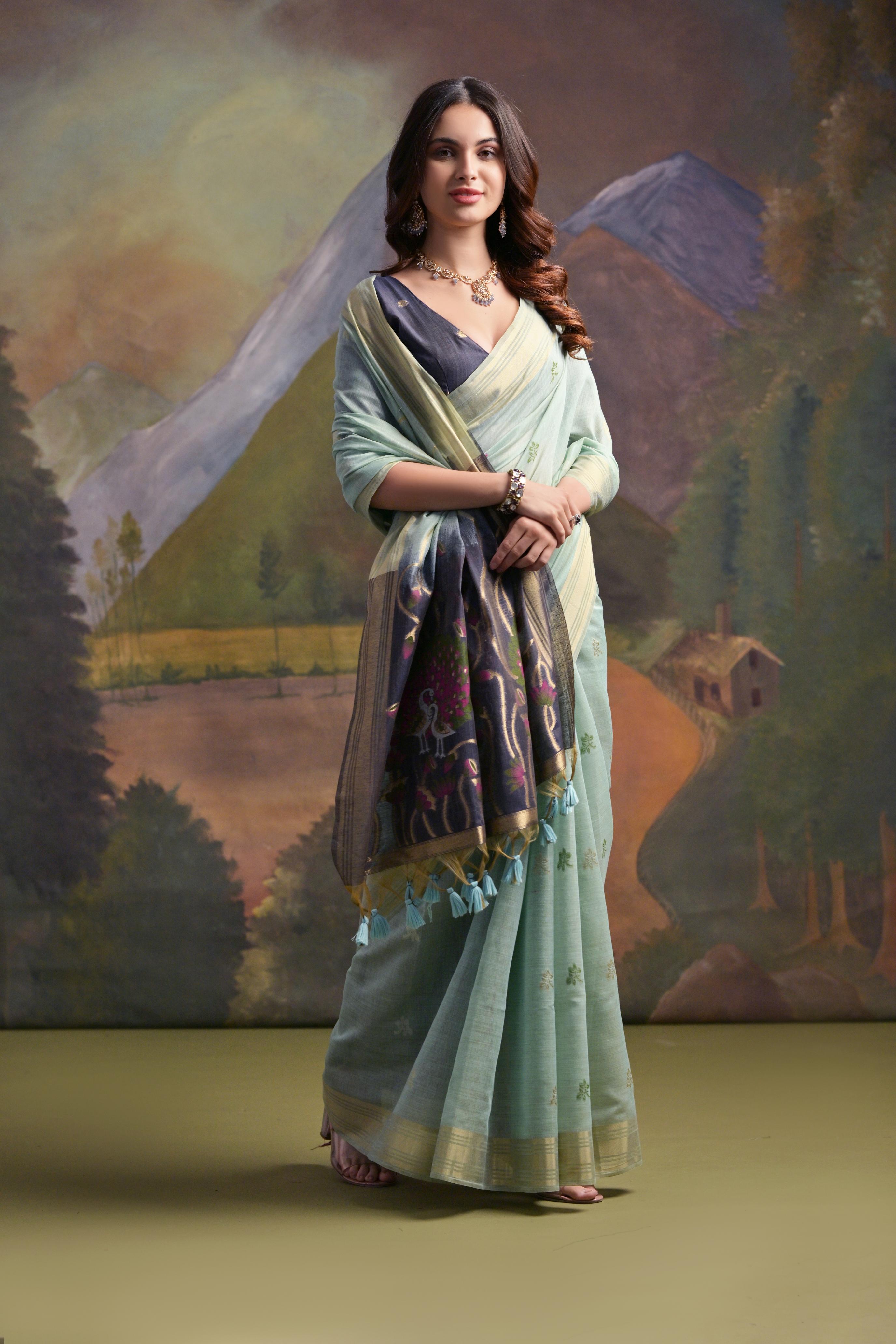 Sage Green Soft Muga Silk Saree