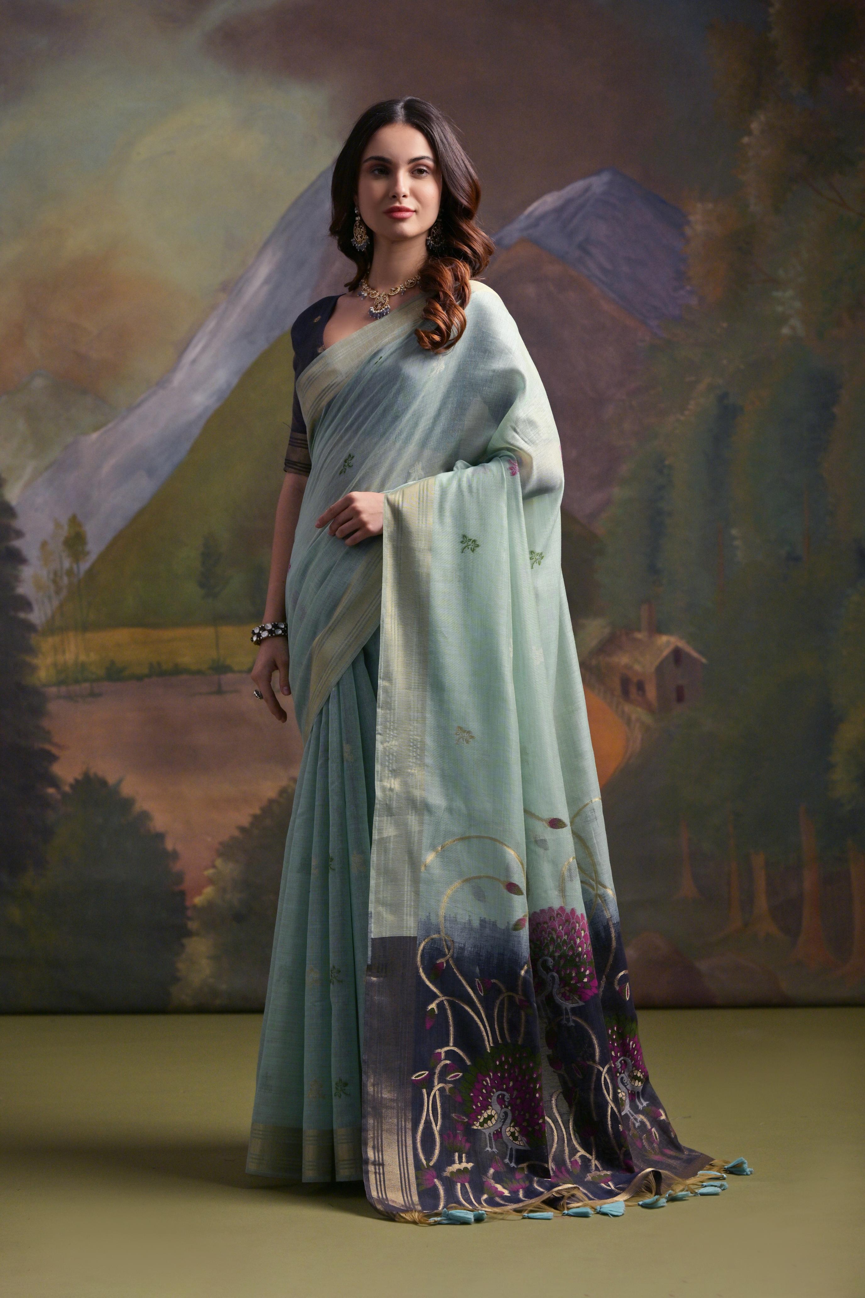 Sage Green Soft Muga Silk Saree