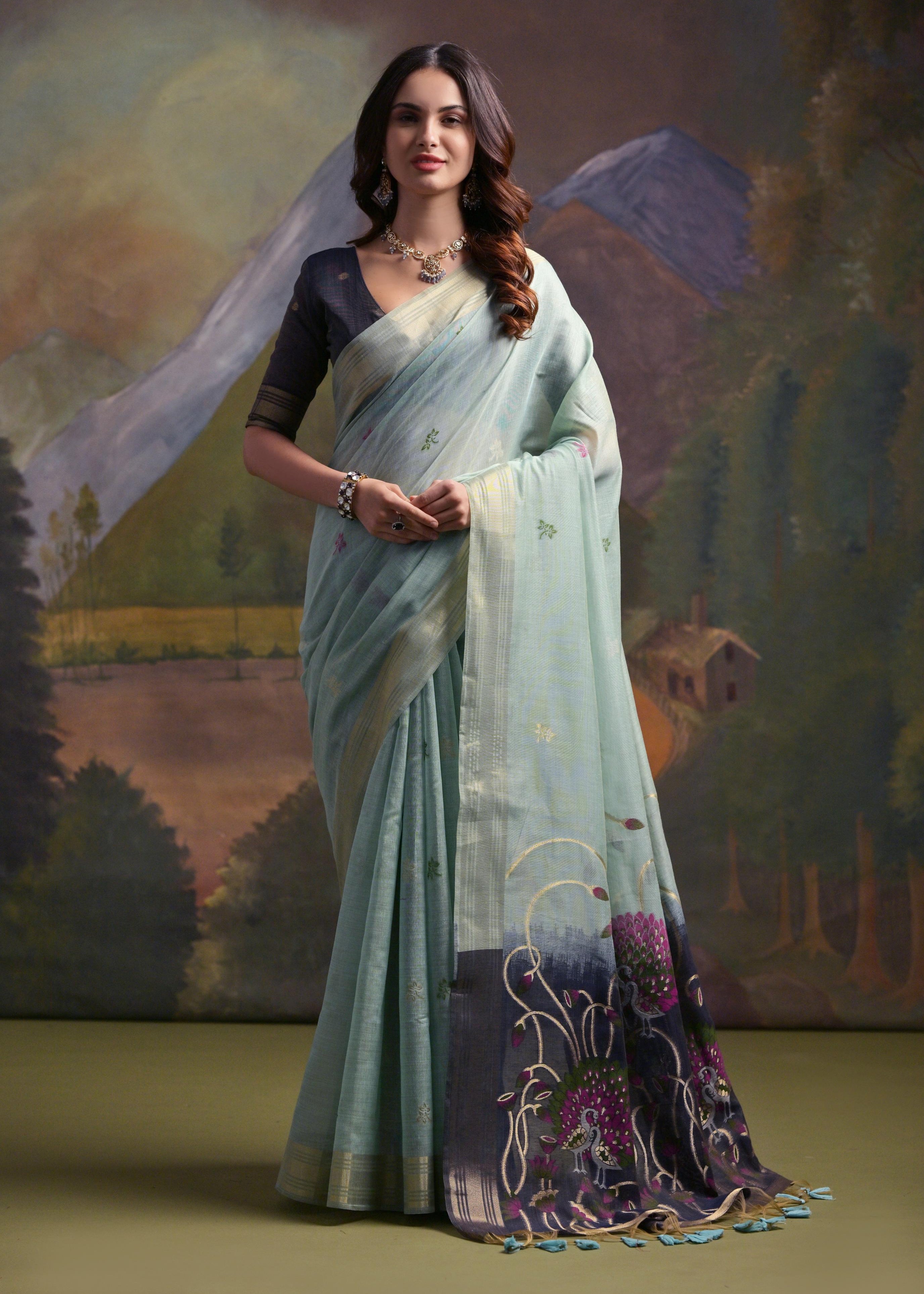 Sage Green Soft Muga Silk Saree