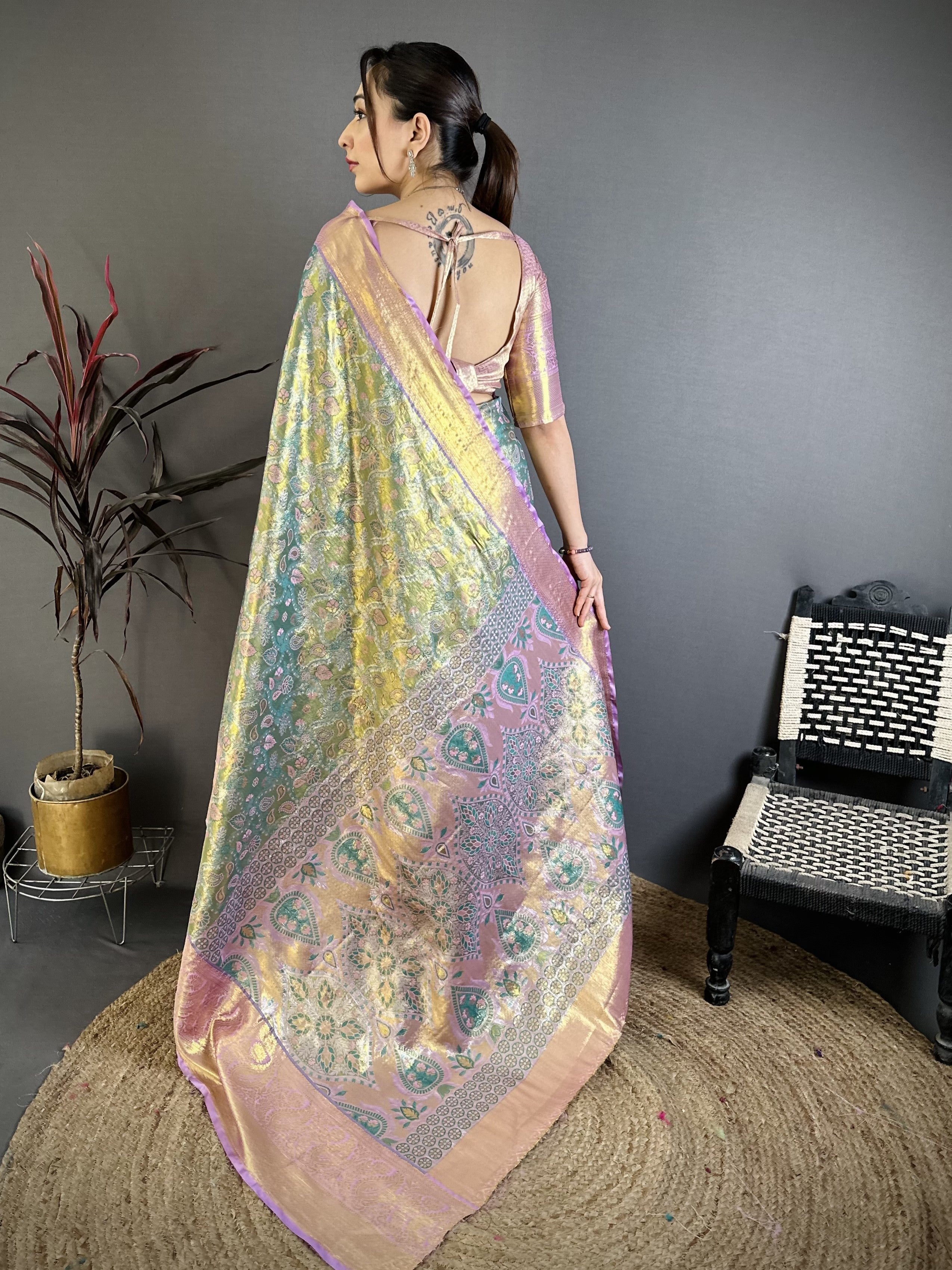 Rust Orange &  Olive Green Bridal Kanjivaram Silk Saree