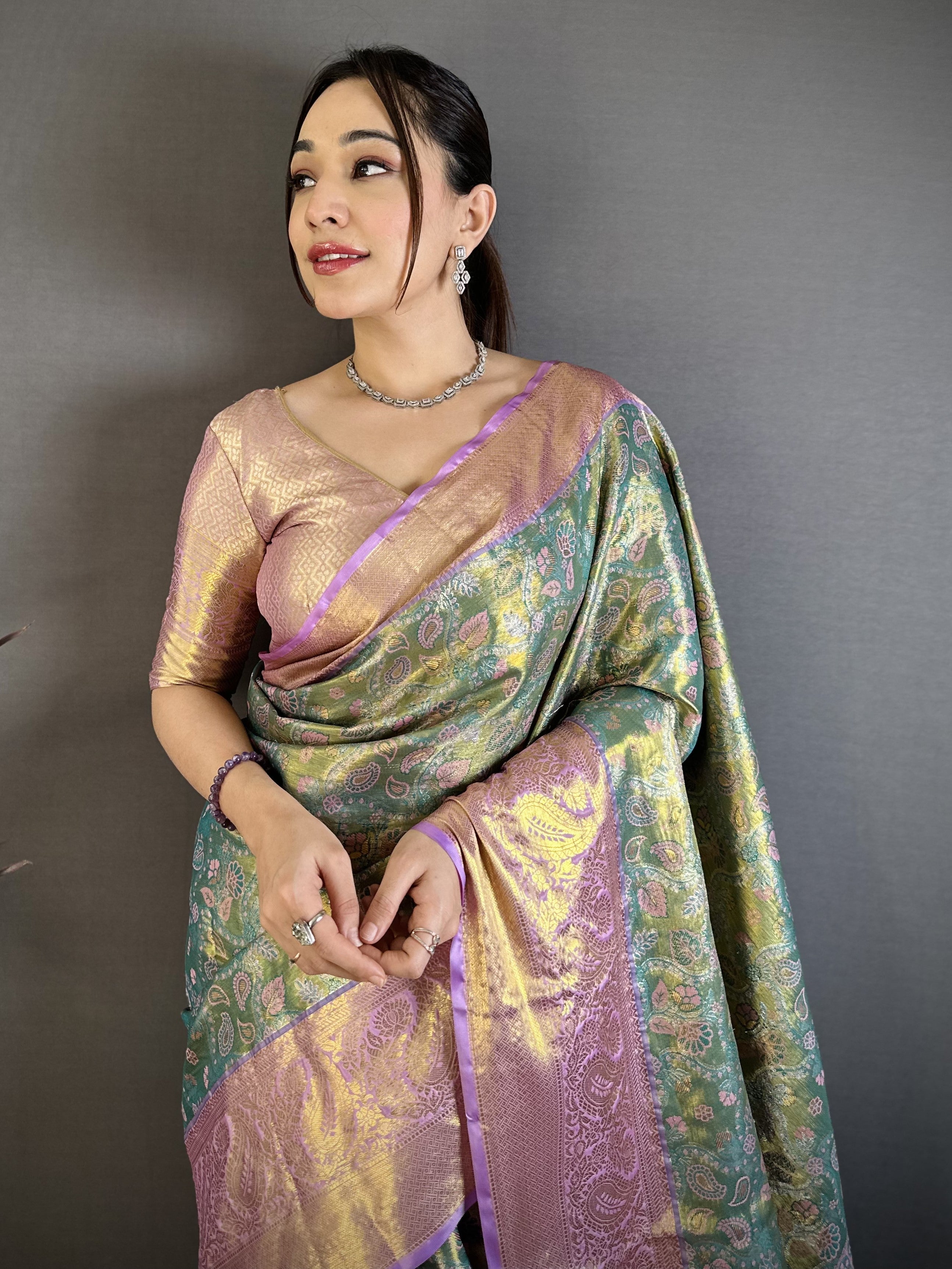 Rust Orange &  Olive Green Bridal Kanjivaram Silk Saree