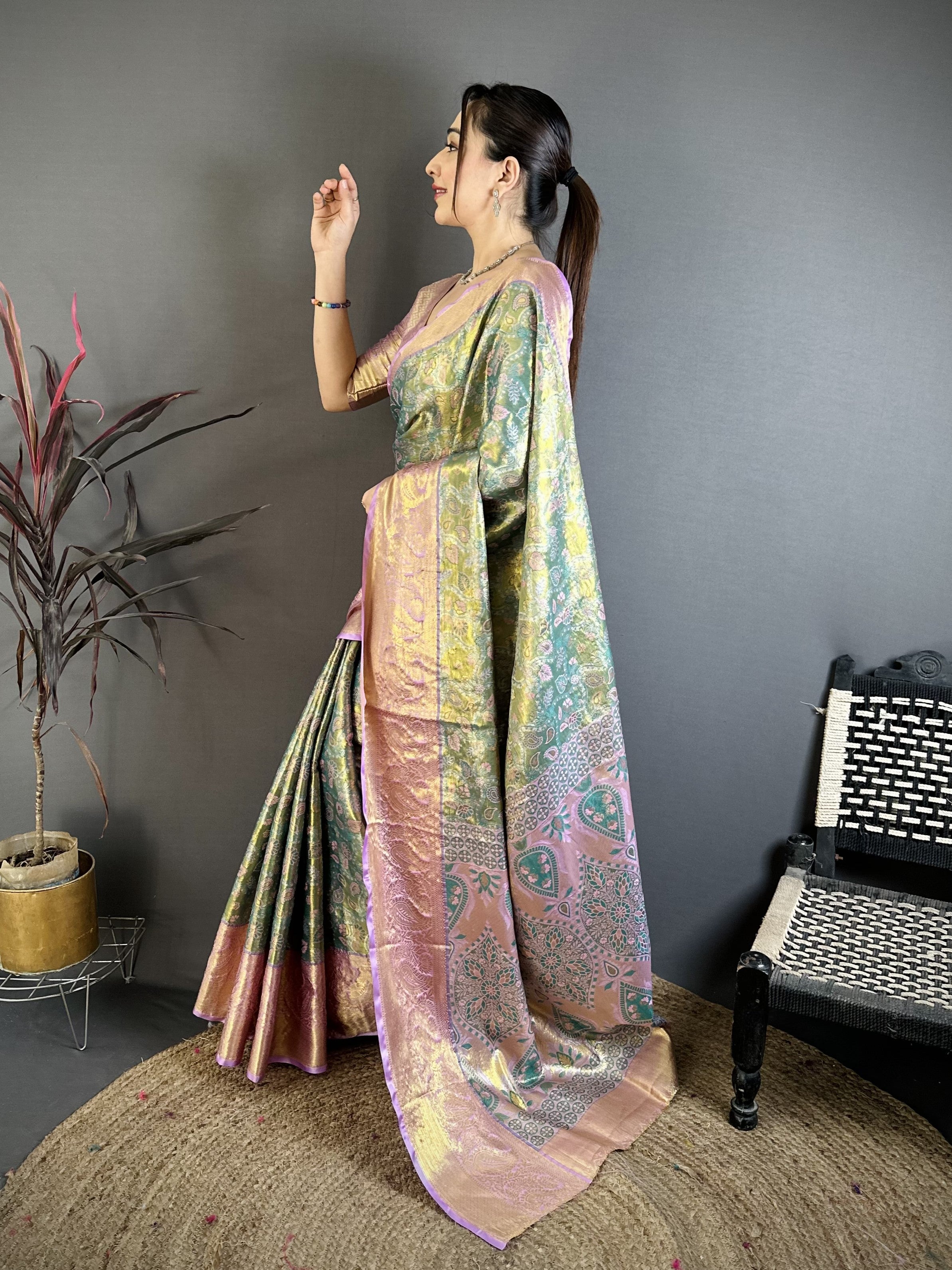 Rust Orange &  Olive Green Bridal Kanjivaram Silk Saree