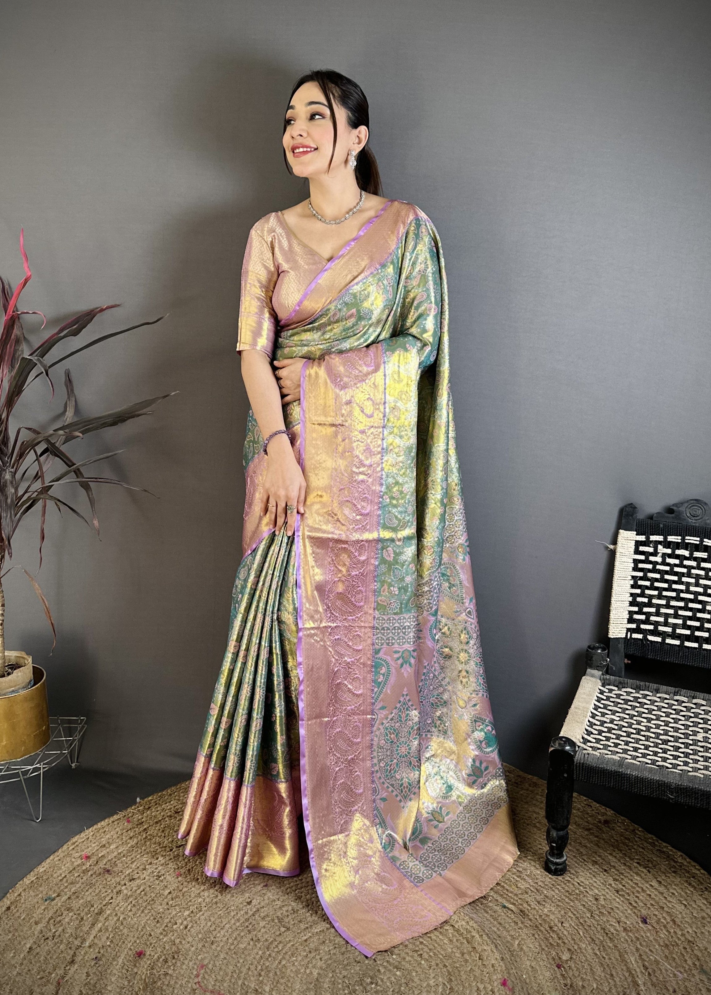 Rust Orange &  Olive Green Bridal Kanjivaram Silk Saree