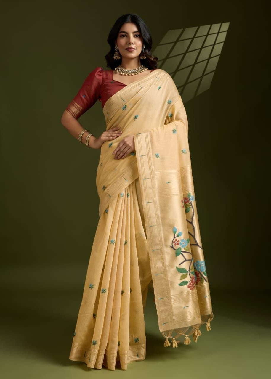 Sandy Brown Muga Cotton Paithani Saree