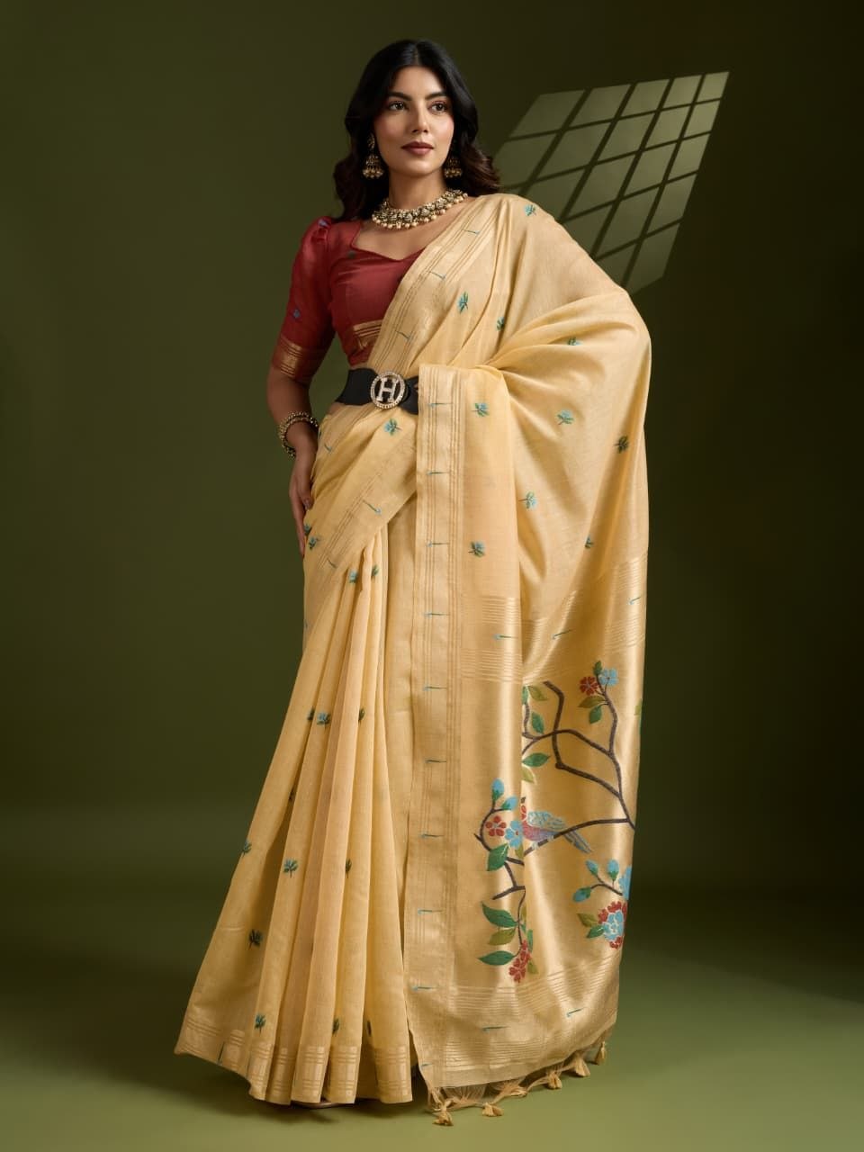 Sandy Brown Muga Cotton Paithani Saree