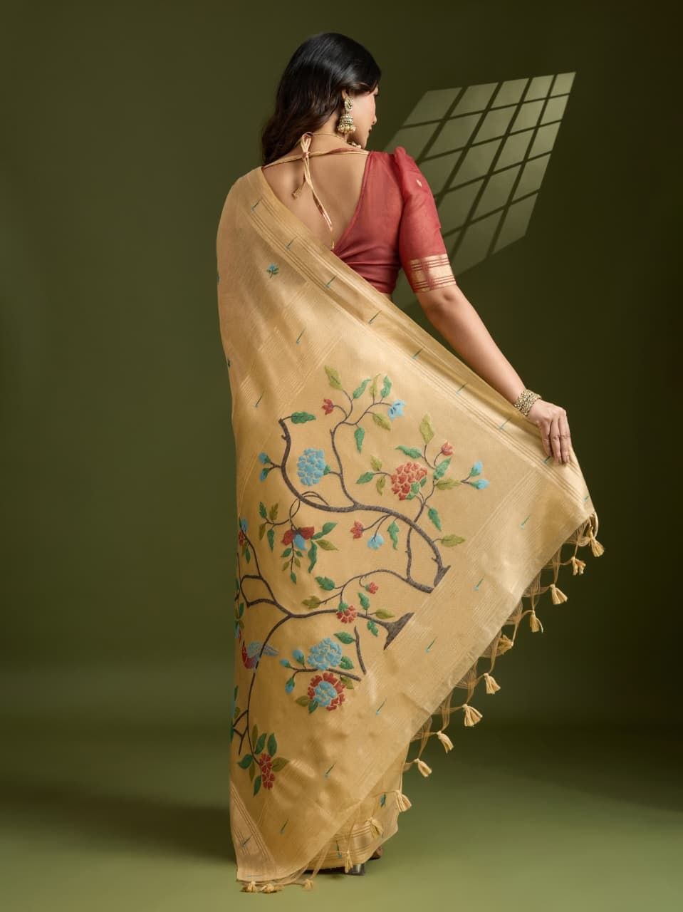 Sandy Brown Muga Cotton Paithani Saree
