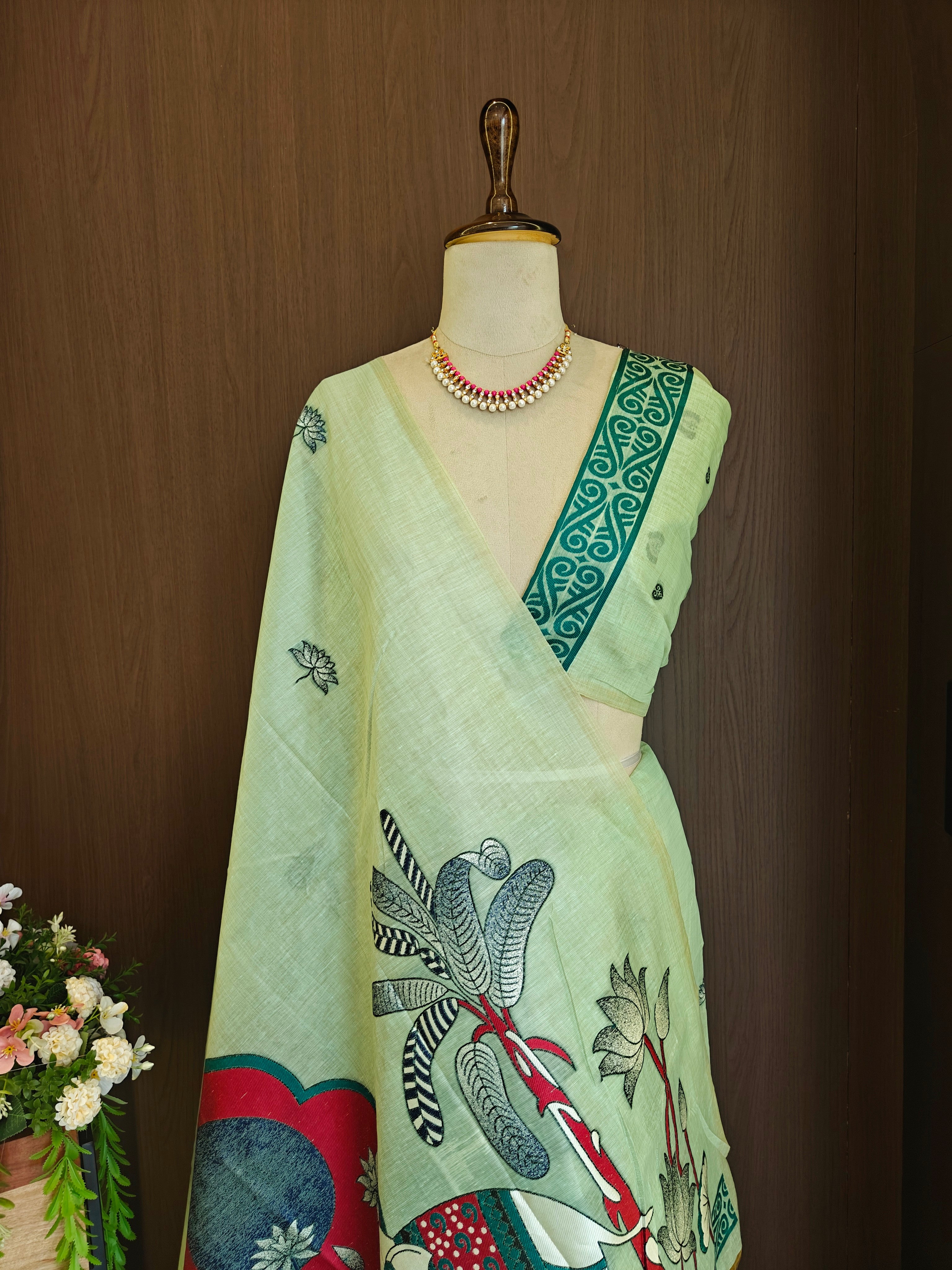 Sea Green Rajwadi Woven Muga Cotton Saree