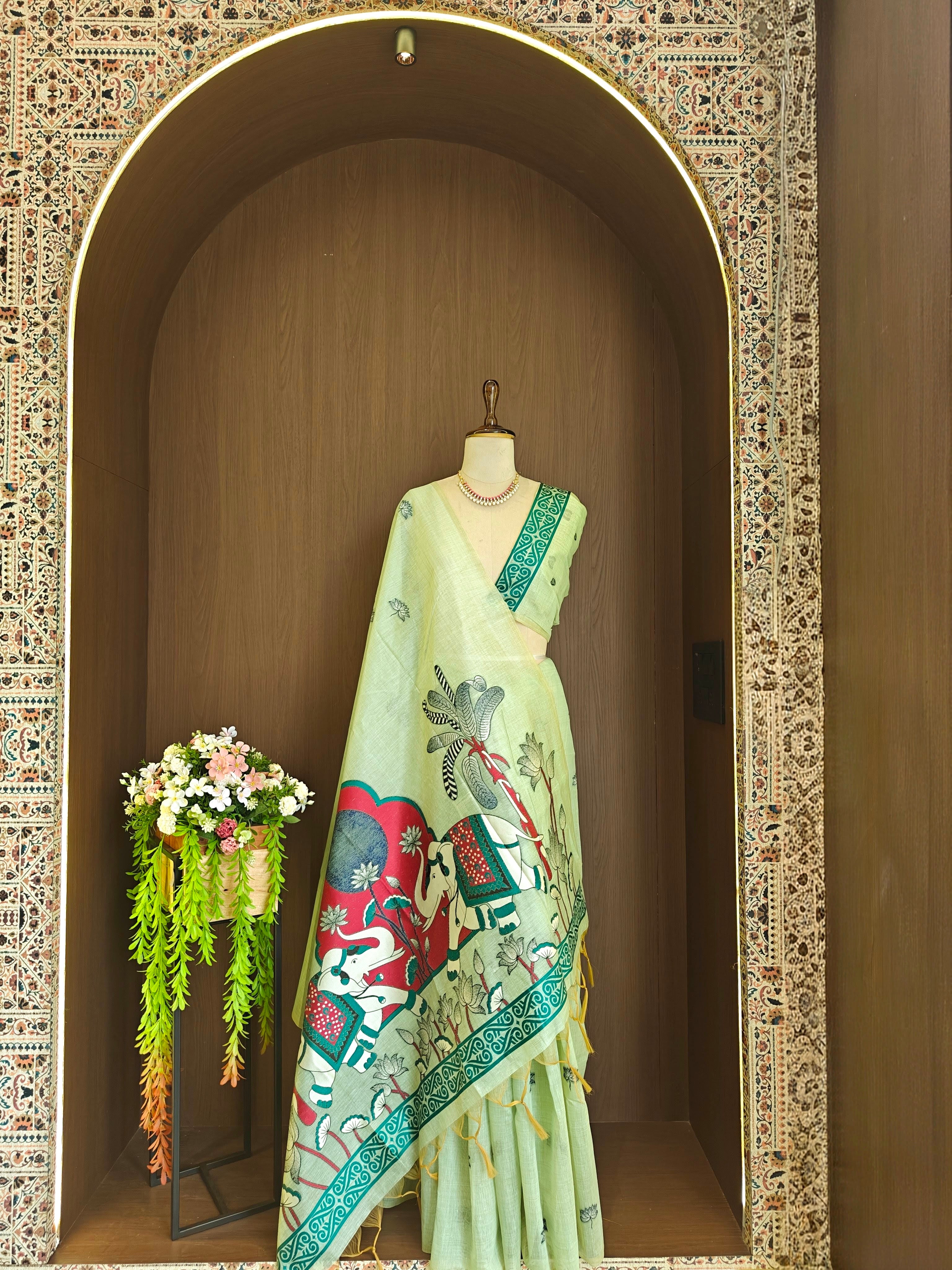 Sea Green Rajwadi Woven Muga Cotton Saree