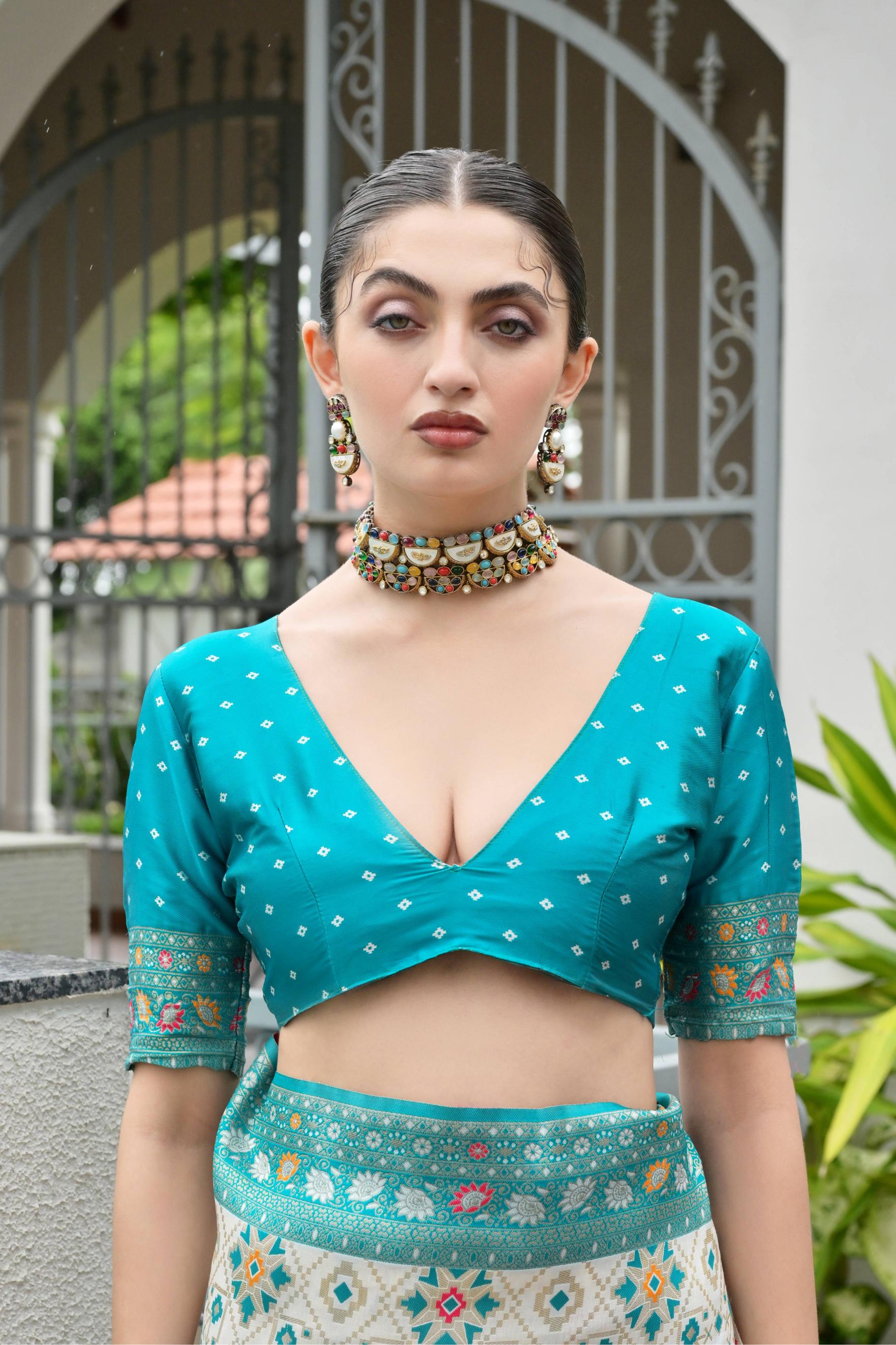 Sea Green Soft Banarasi Silk Patola And Ajarakh Saree