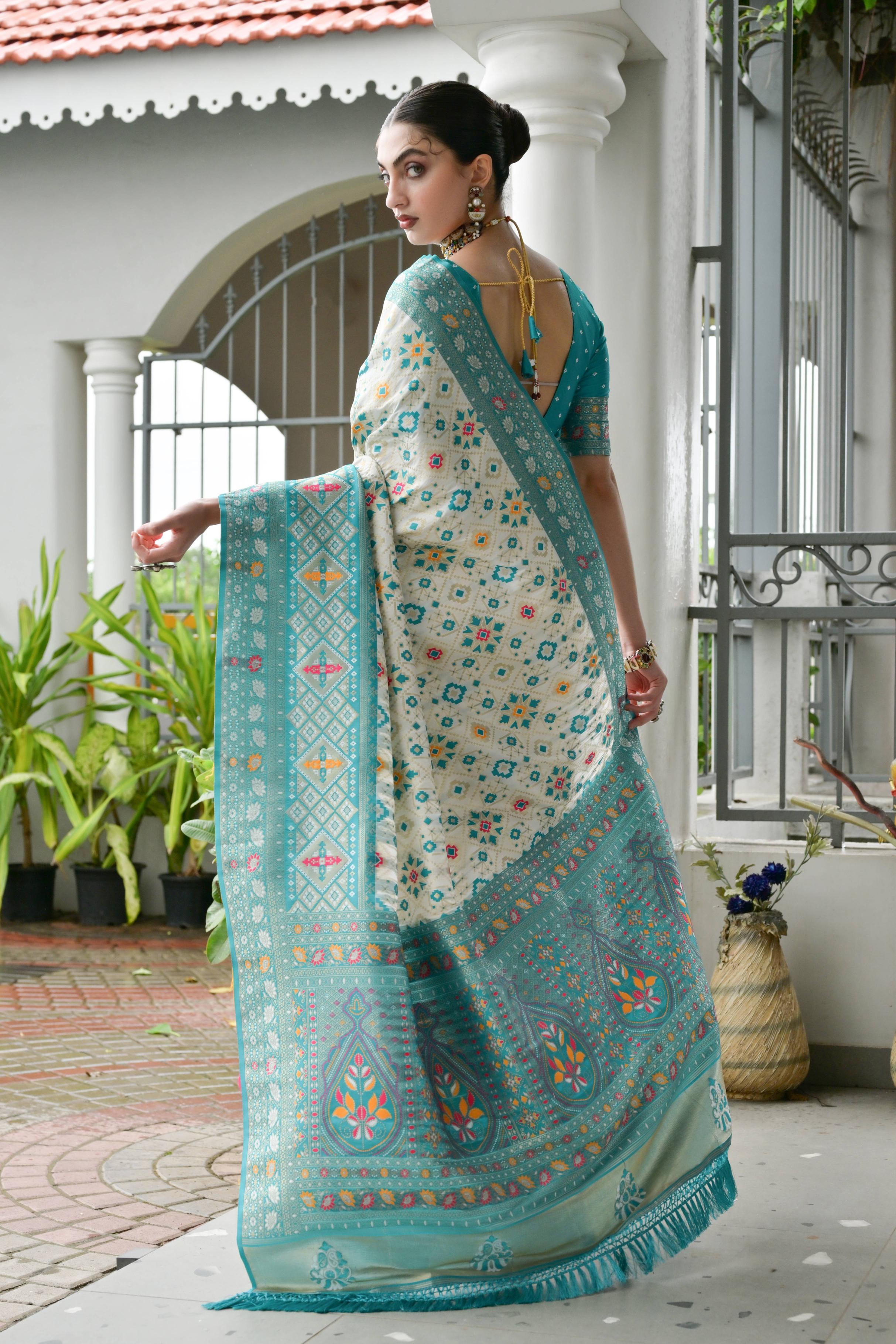 Sea Green Soft Banarasi Silk Patola And Ajarakh Saree