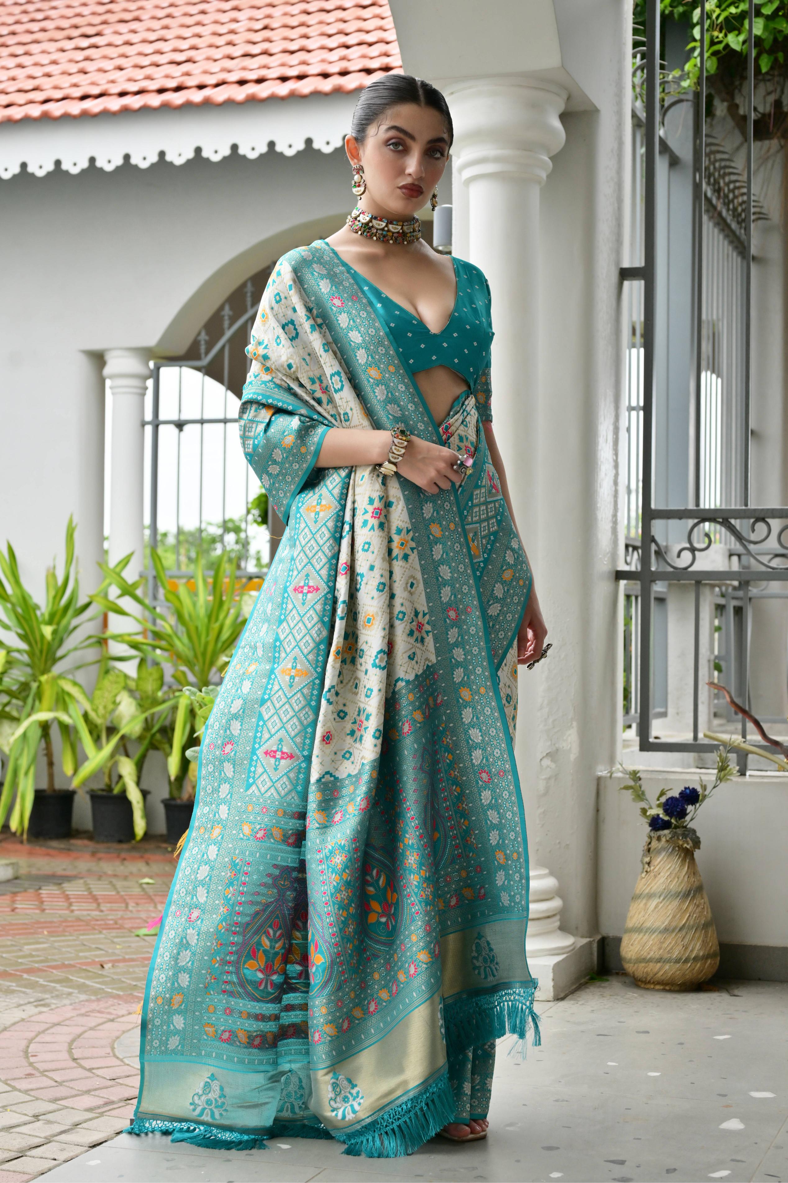 Sea Green Soft Banarasi Silk Patola And Ajarakh Saree
