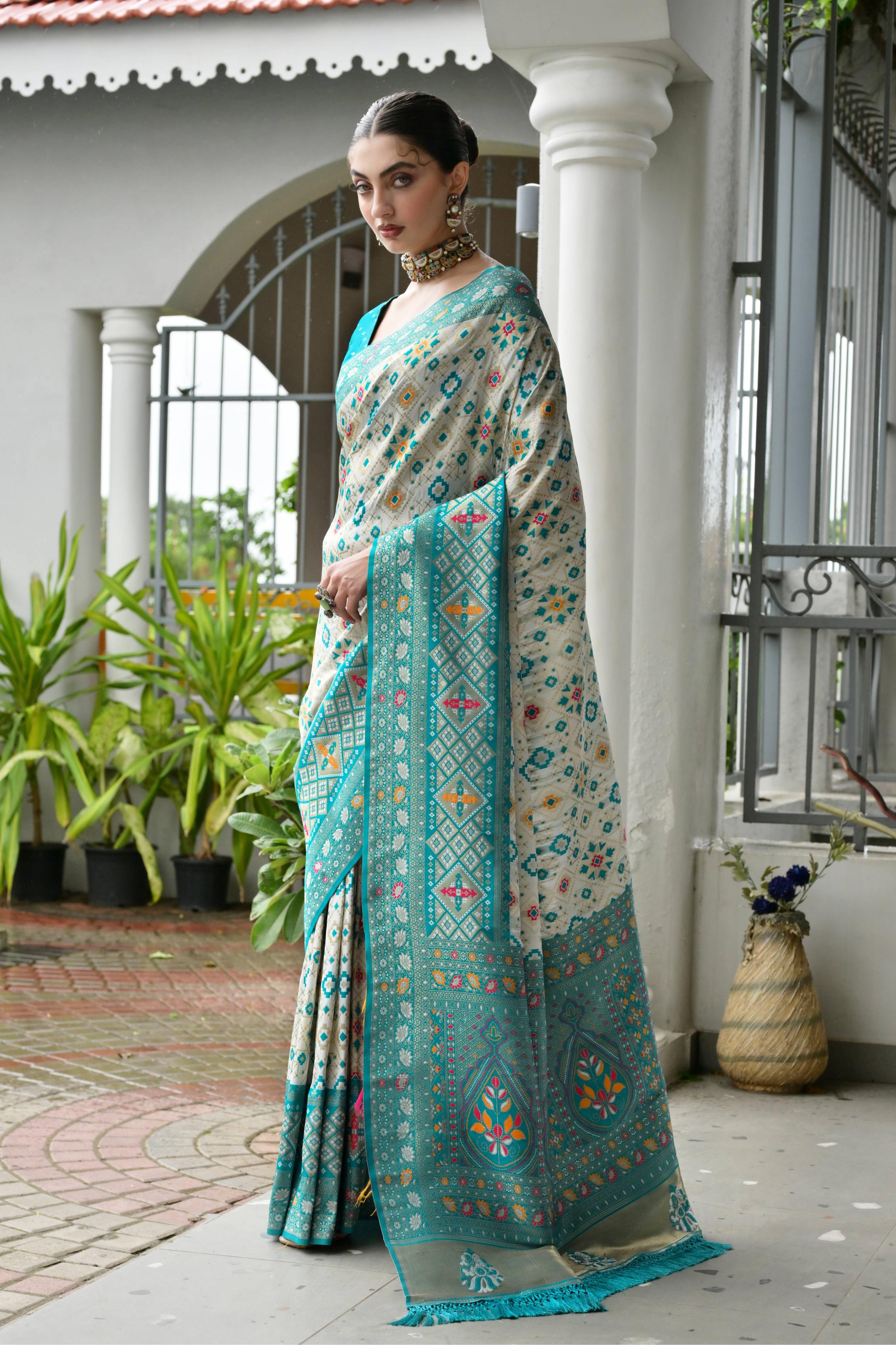 Sea Green Soft Banarasi Silk Patola And Ajarakh Saree