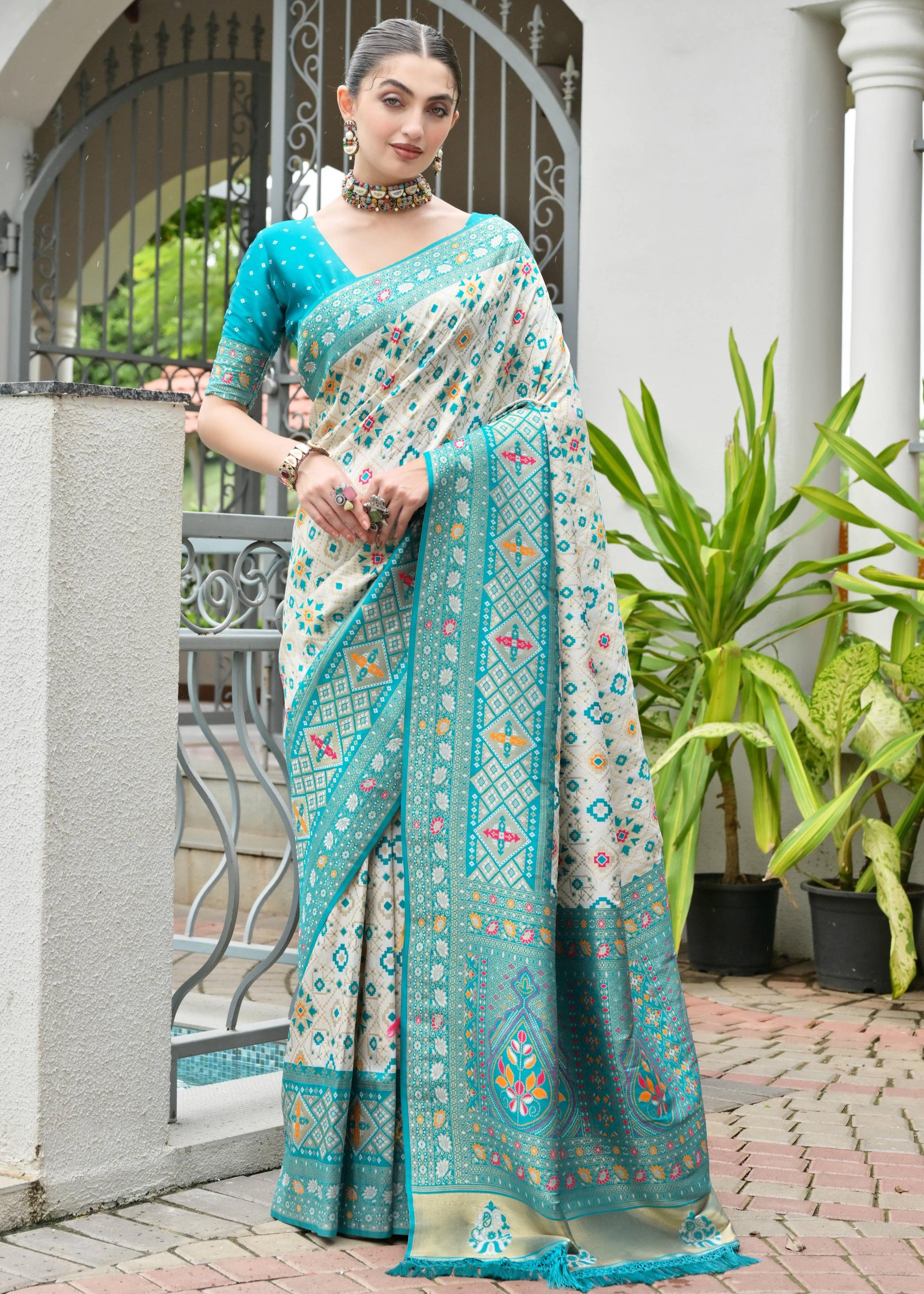 Sea Green Soft Banarasi Silk Patola And Ajarakh Saree
