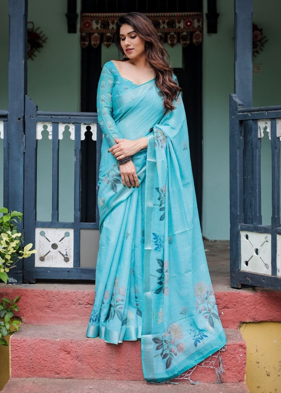 Sky Blue Floral Linen Saree