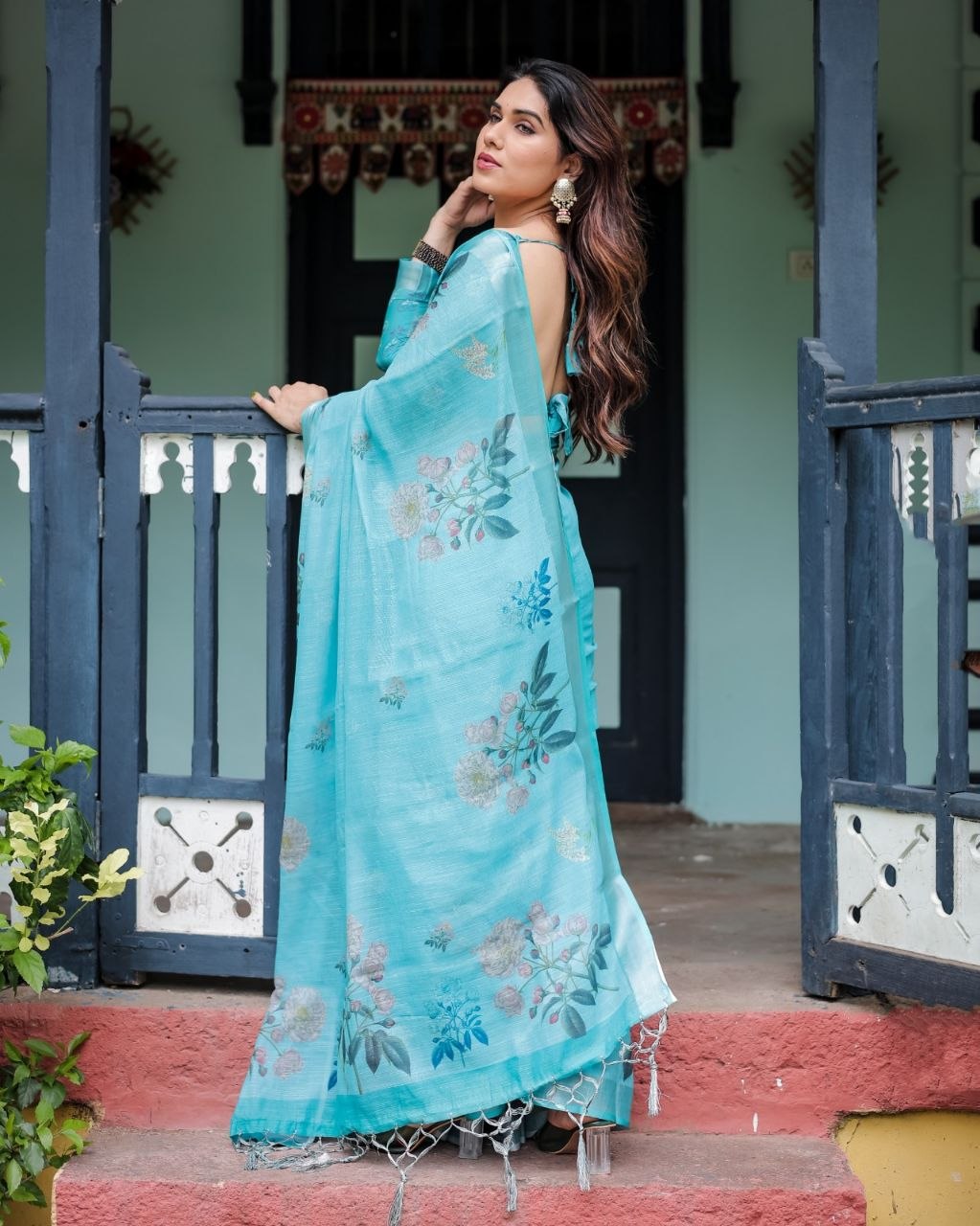Sky Blue Floral Linen Saree