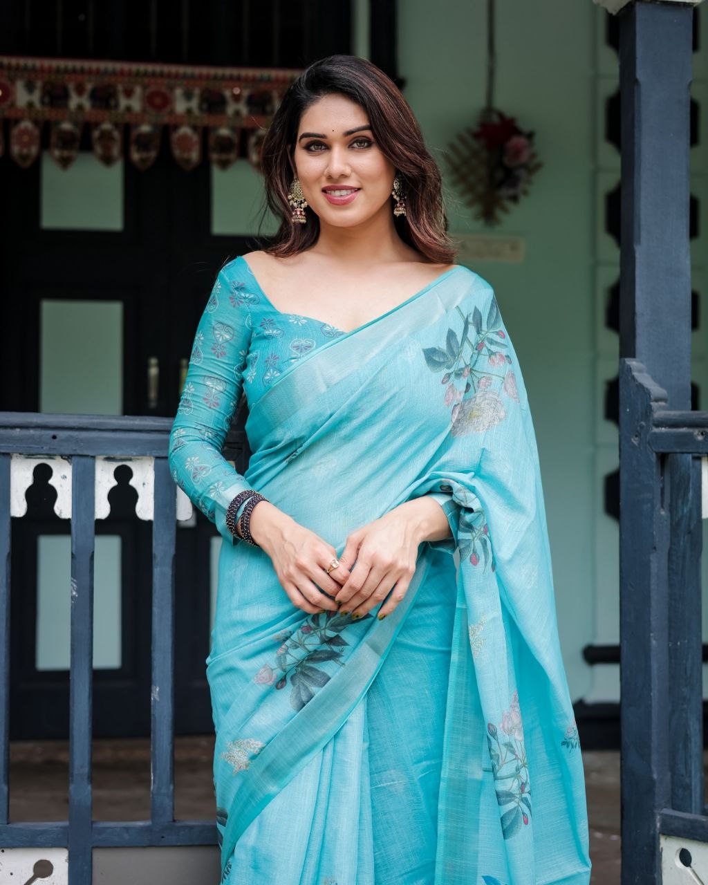 Sky Blue Floral Linen Saree