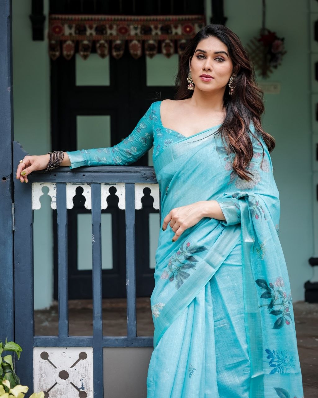 Sky Blue Floral Linen Saree
