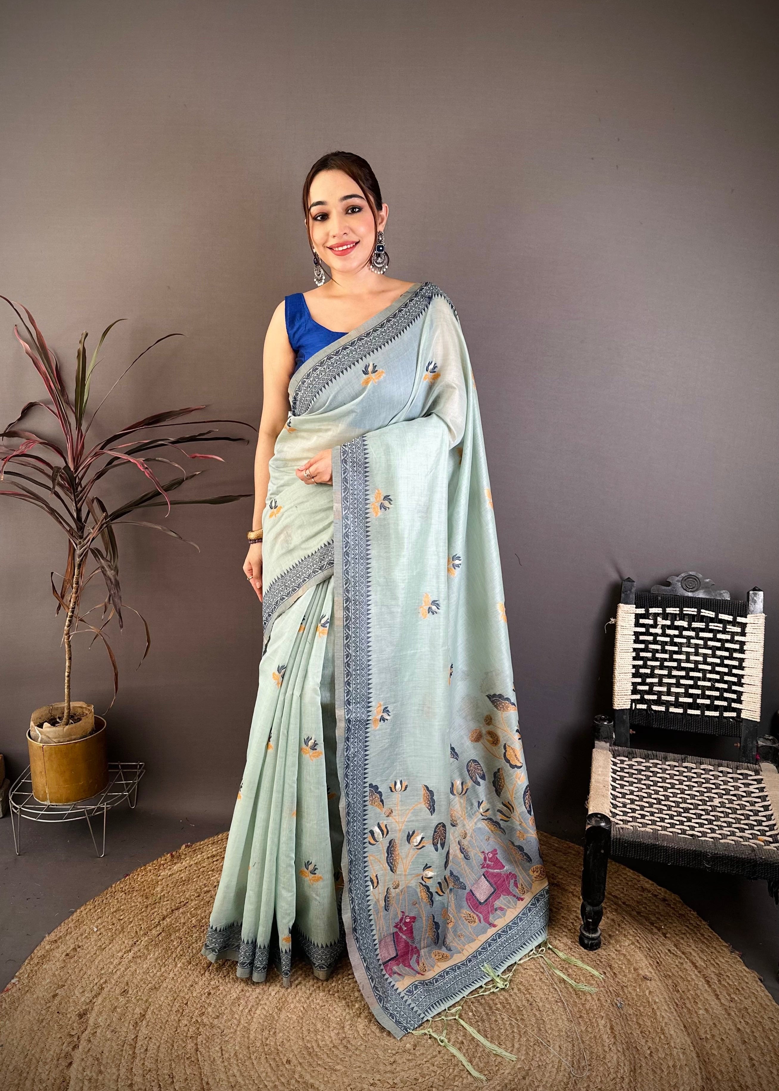 Sky Nature Inspired Muga Cotton Saree