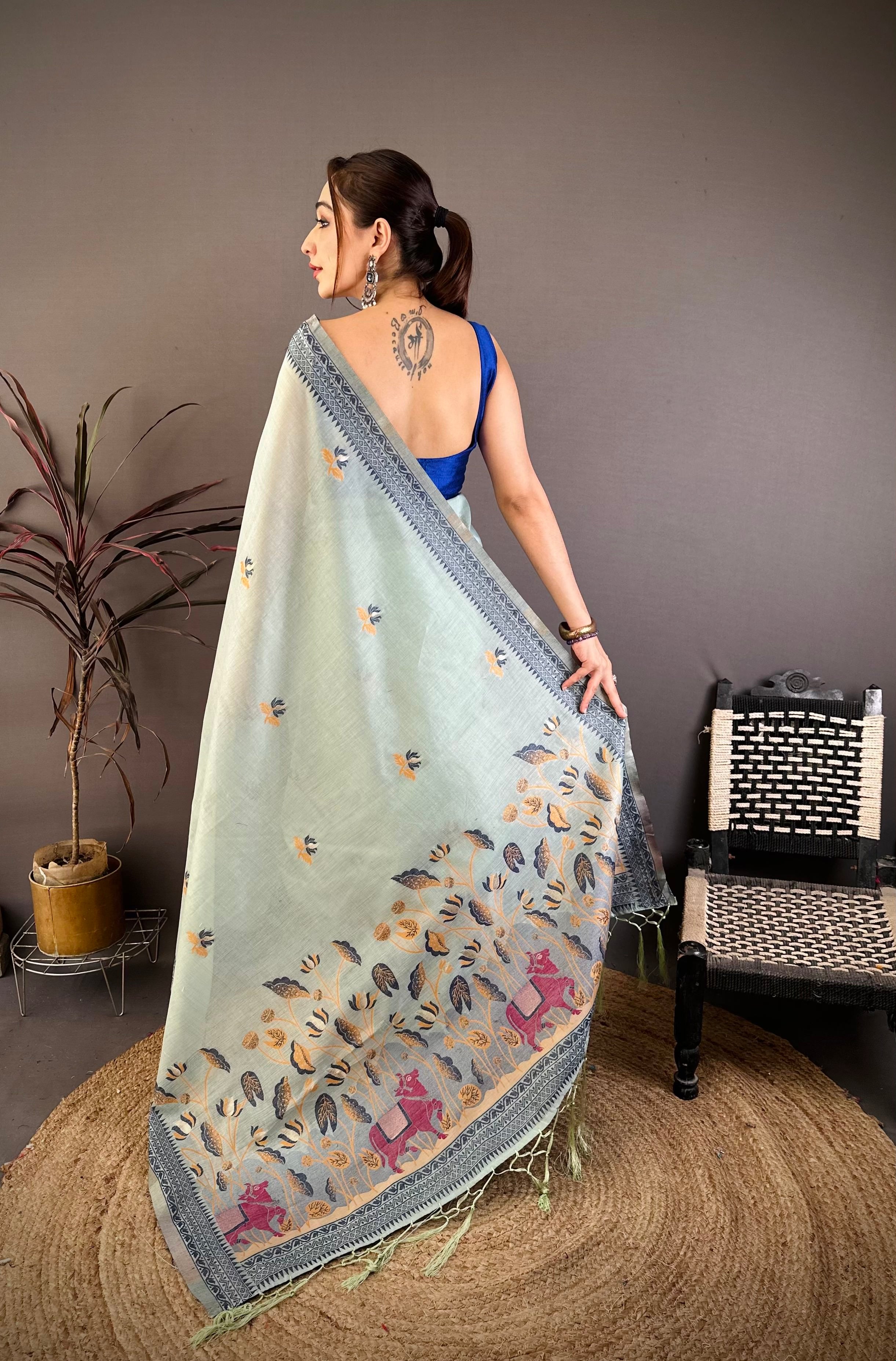 Sky Nature Inspired Muga Cotton Saree
