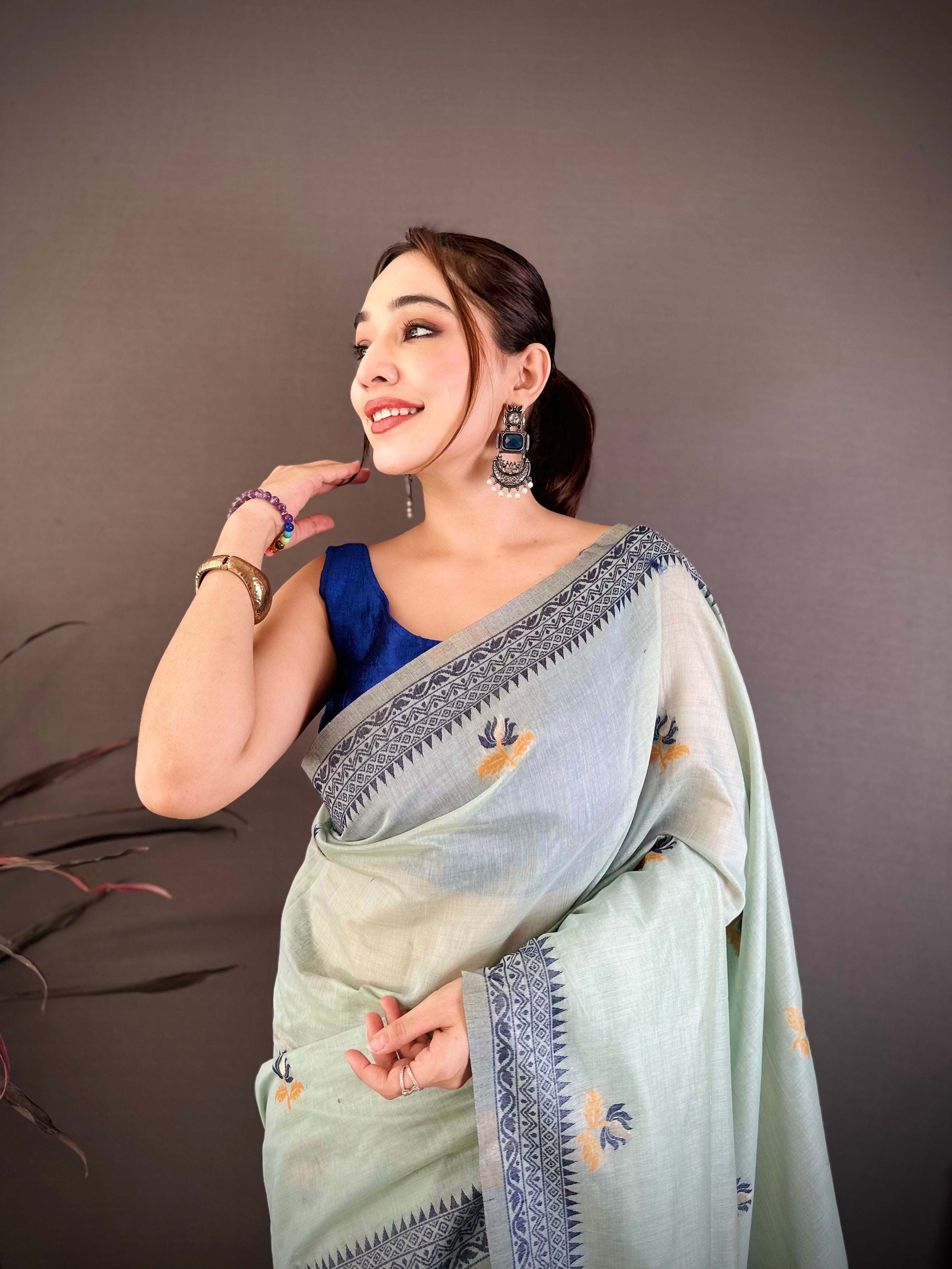 Sky Nature Inspired Muga Cotton Saree