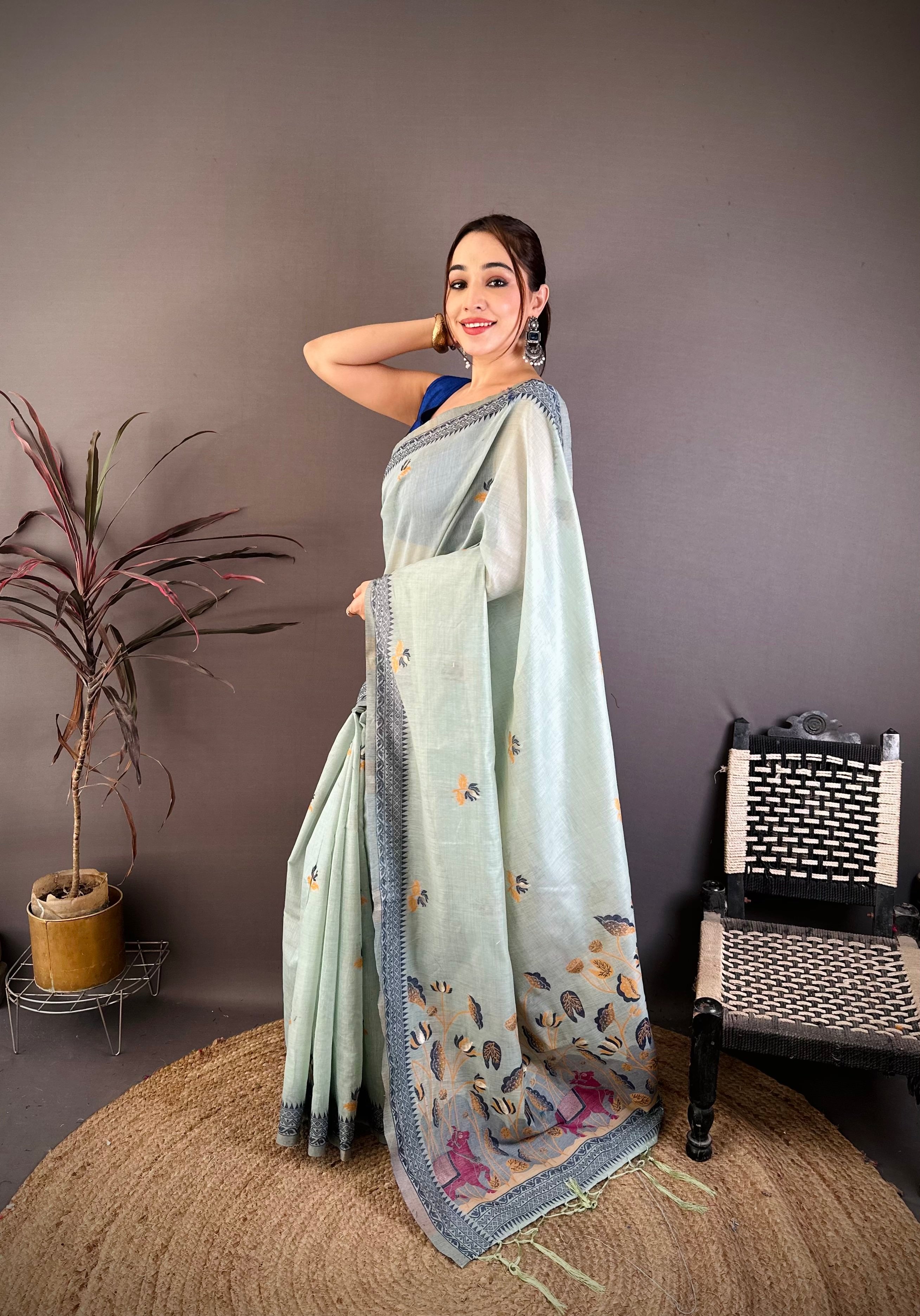 Sky Nature Inspired Muga Cotton Saree