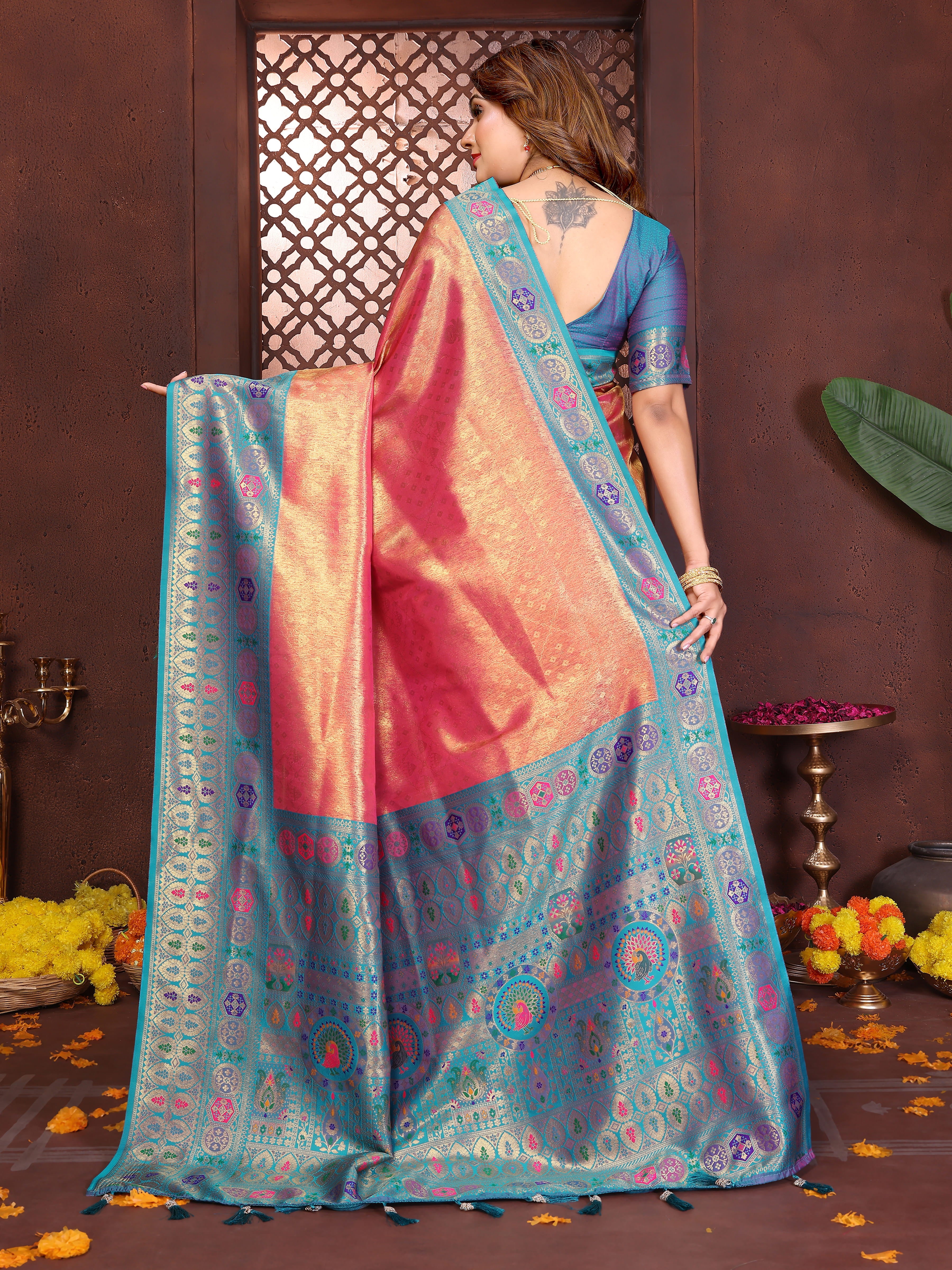 Sky & Peach Banarasi Tissue Silk Saree