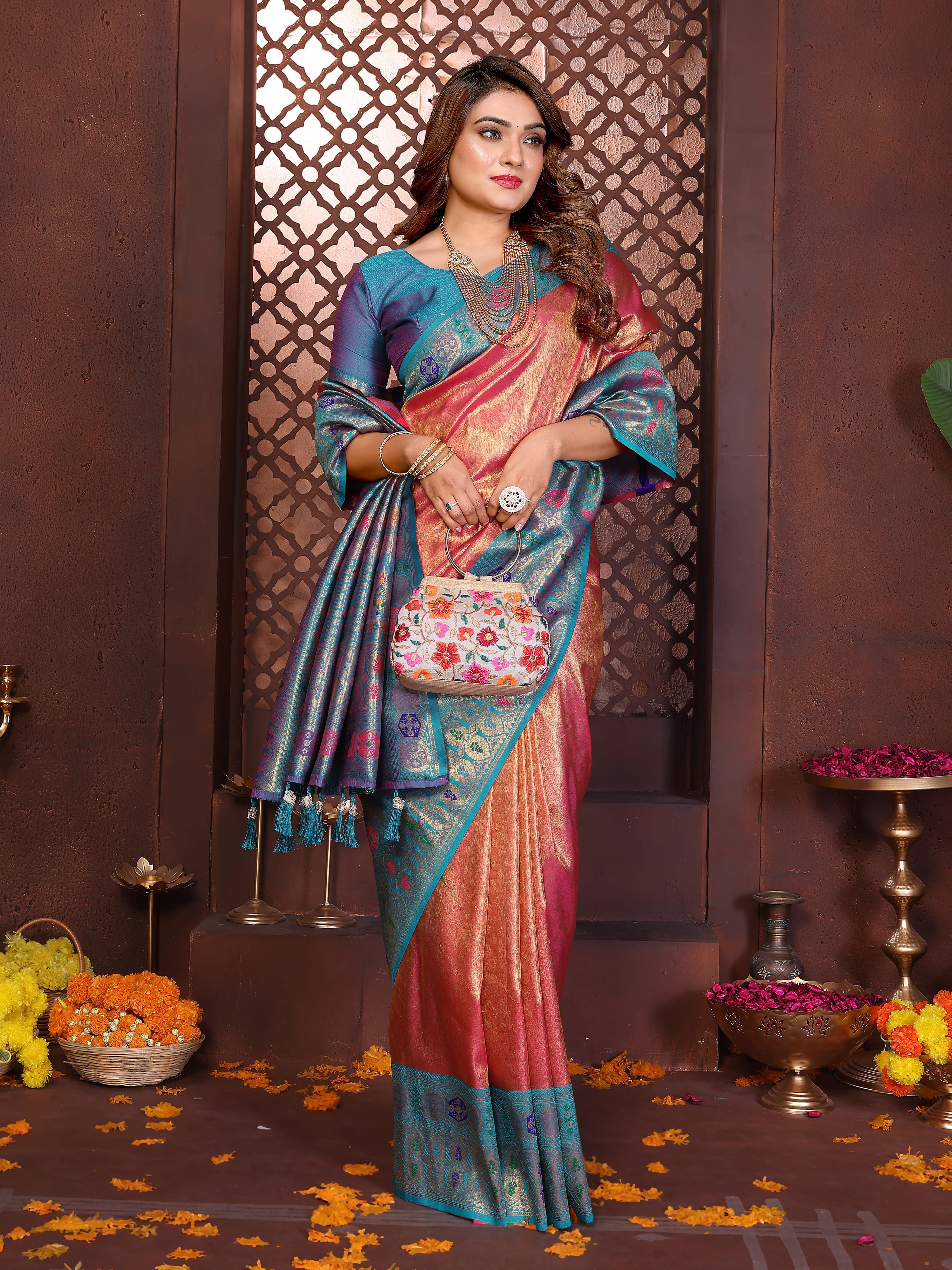 Sky & Peach Banarasi Tissue Silk Saree