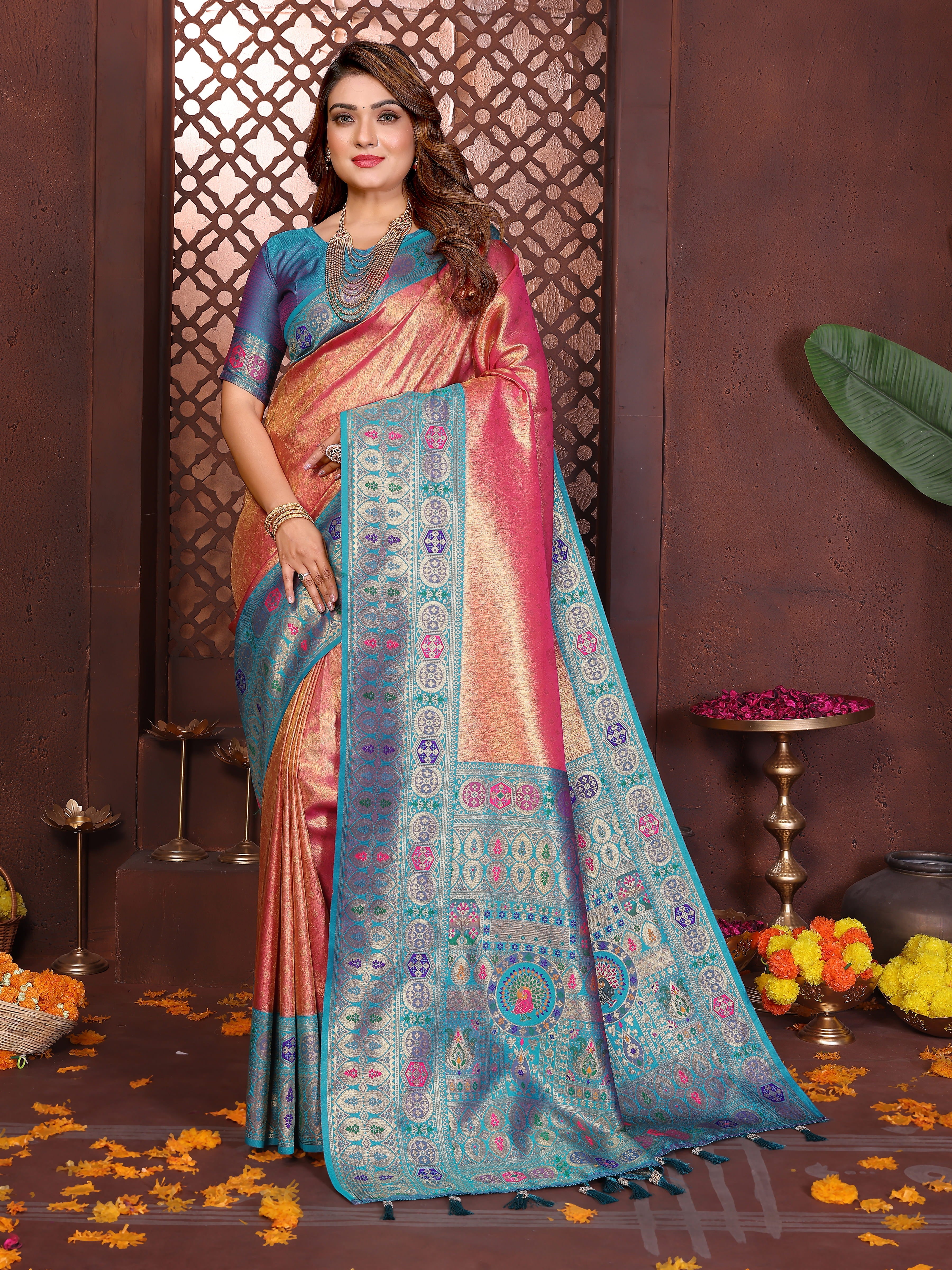 Sky & Peach Banarasi Tissue Silk Saree