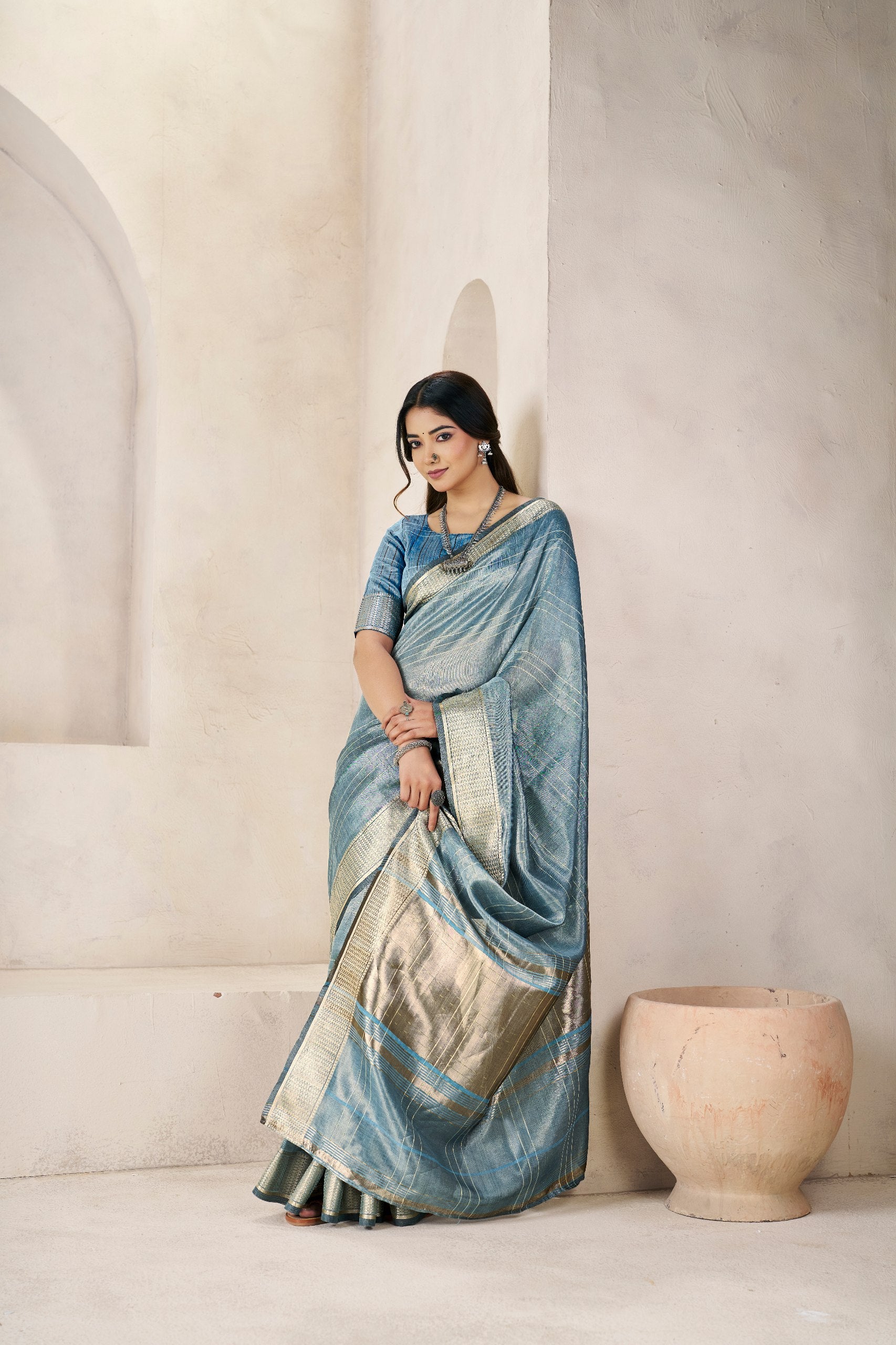 Sky Soft Linen Cotton Silk Saree