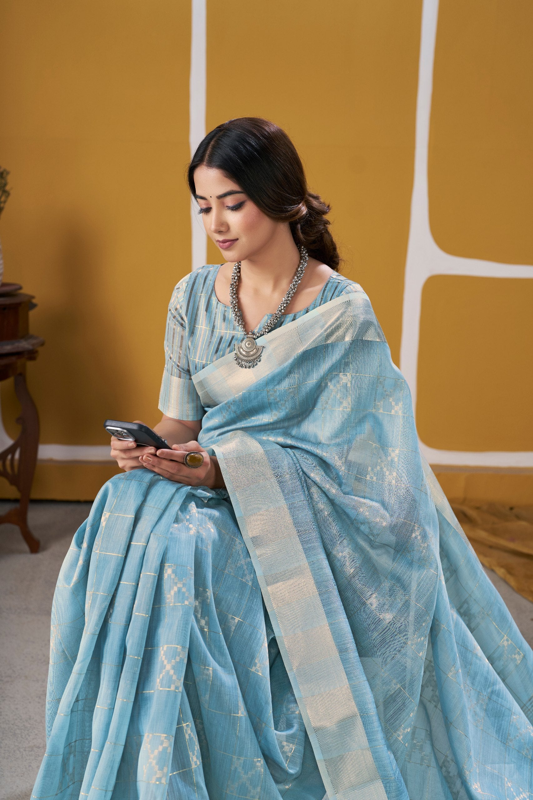 Sky Soft Linen Cotton Silk Saree