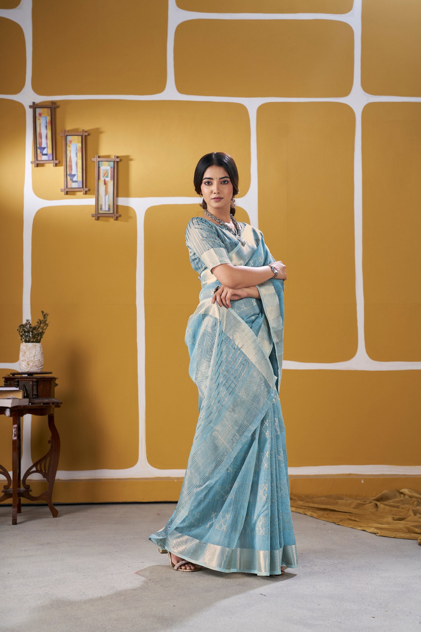 Sky Soft Linen Cotton Silk Saree