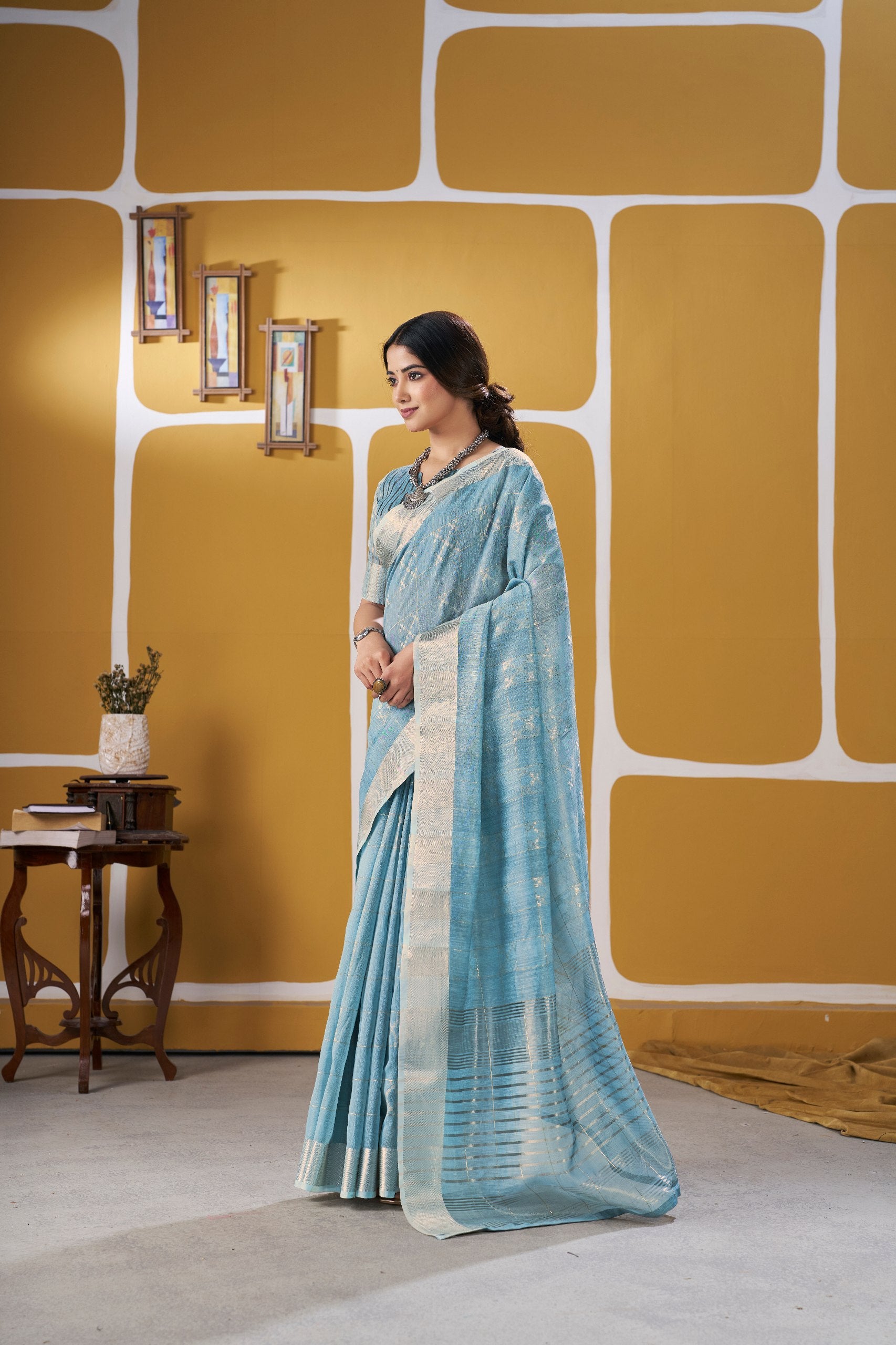 Sky Soft Linen Cotton Silk Saree