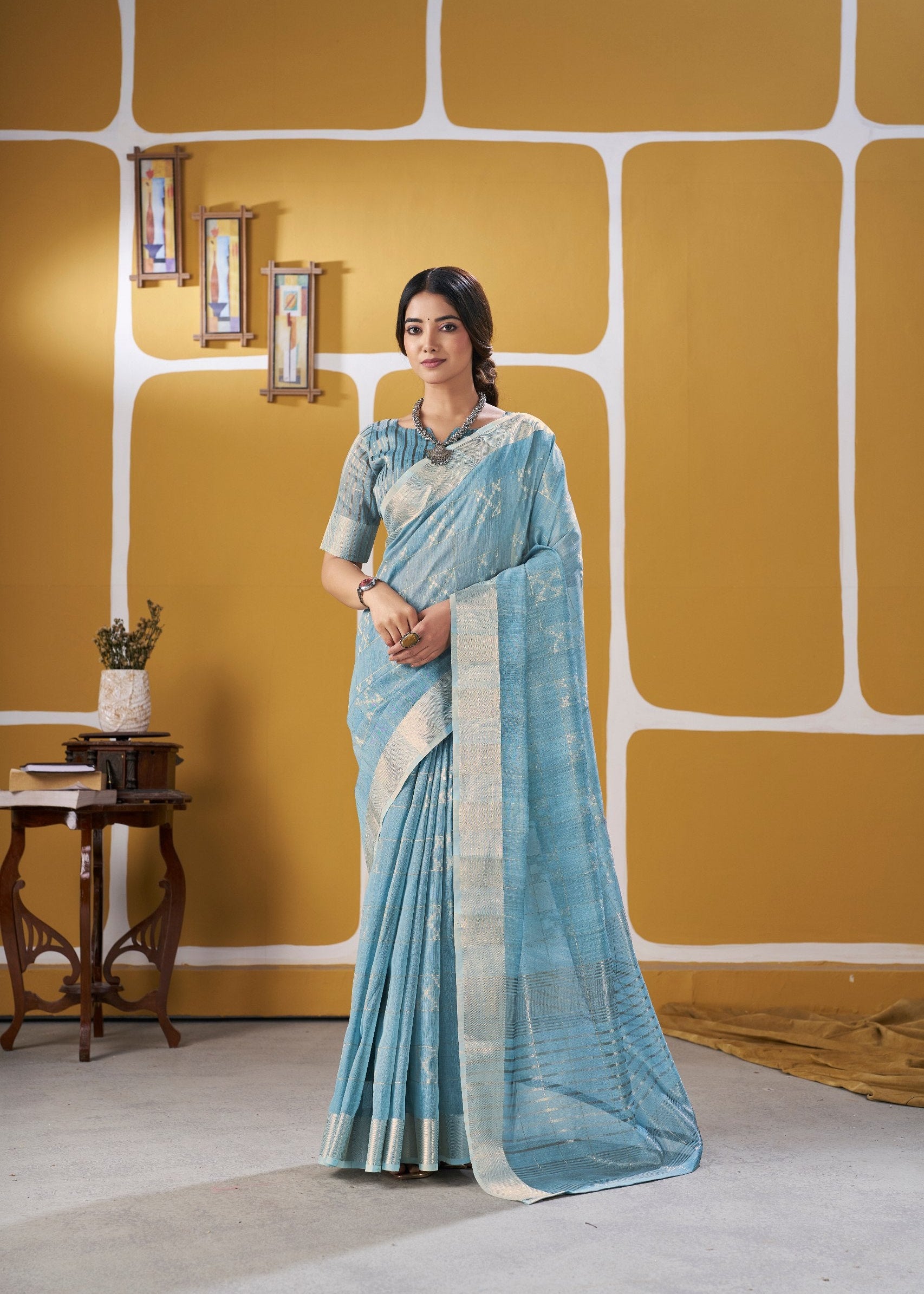 Sky Soft Linen Cotton Silk Saree