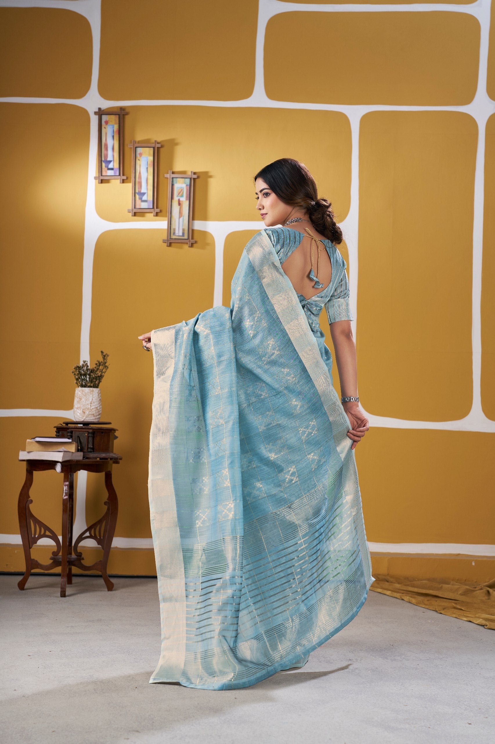 Sky Soft Linen Cotton Silk Saree