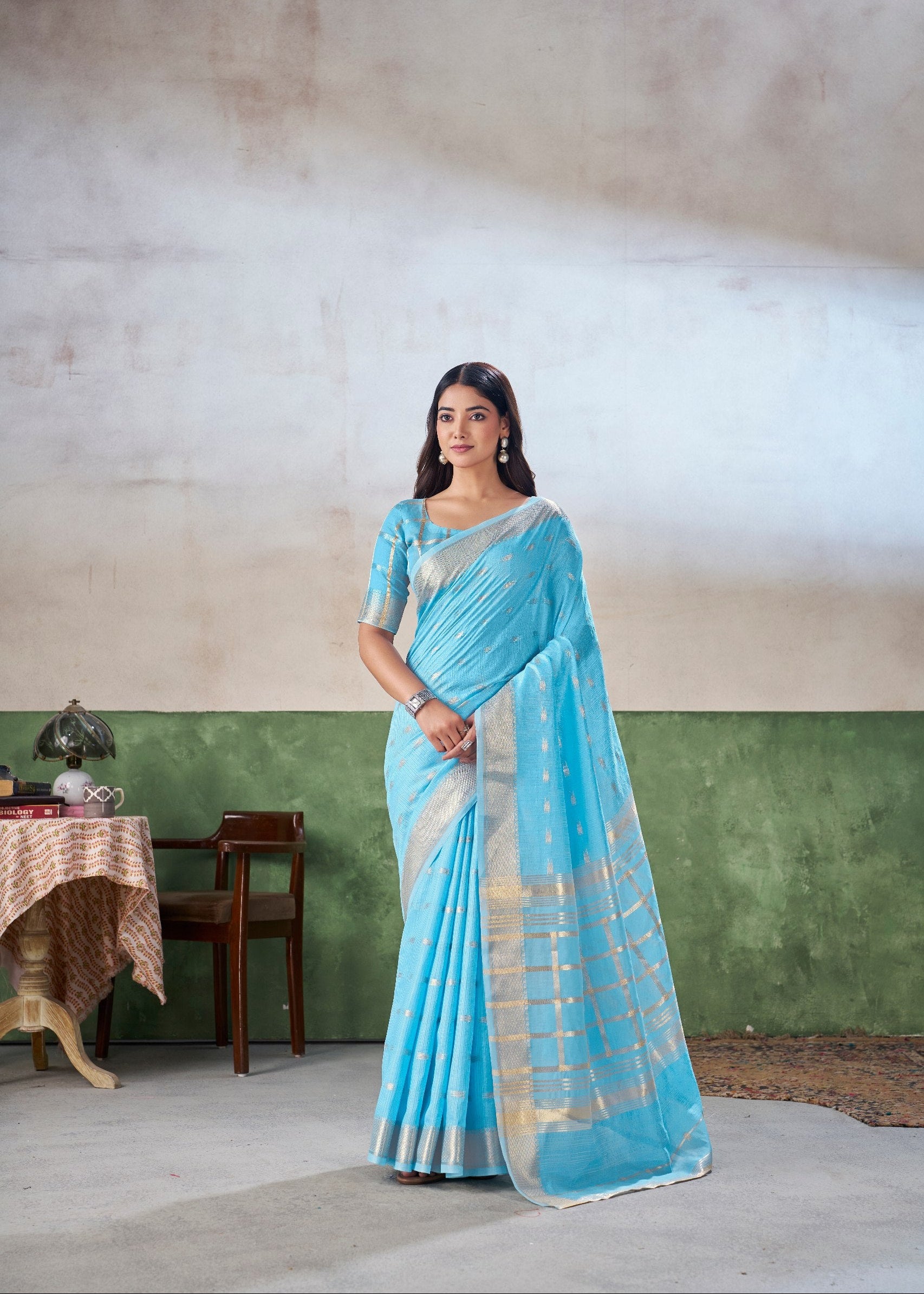 Sky Soft Linen Cotton Silk Saree