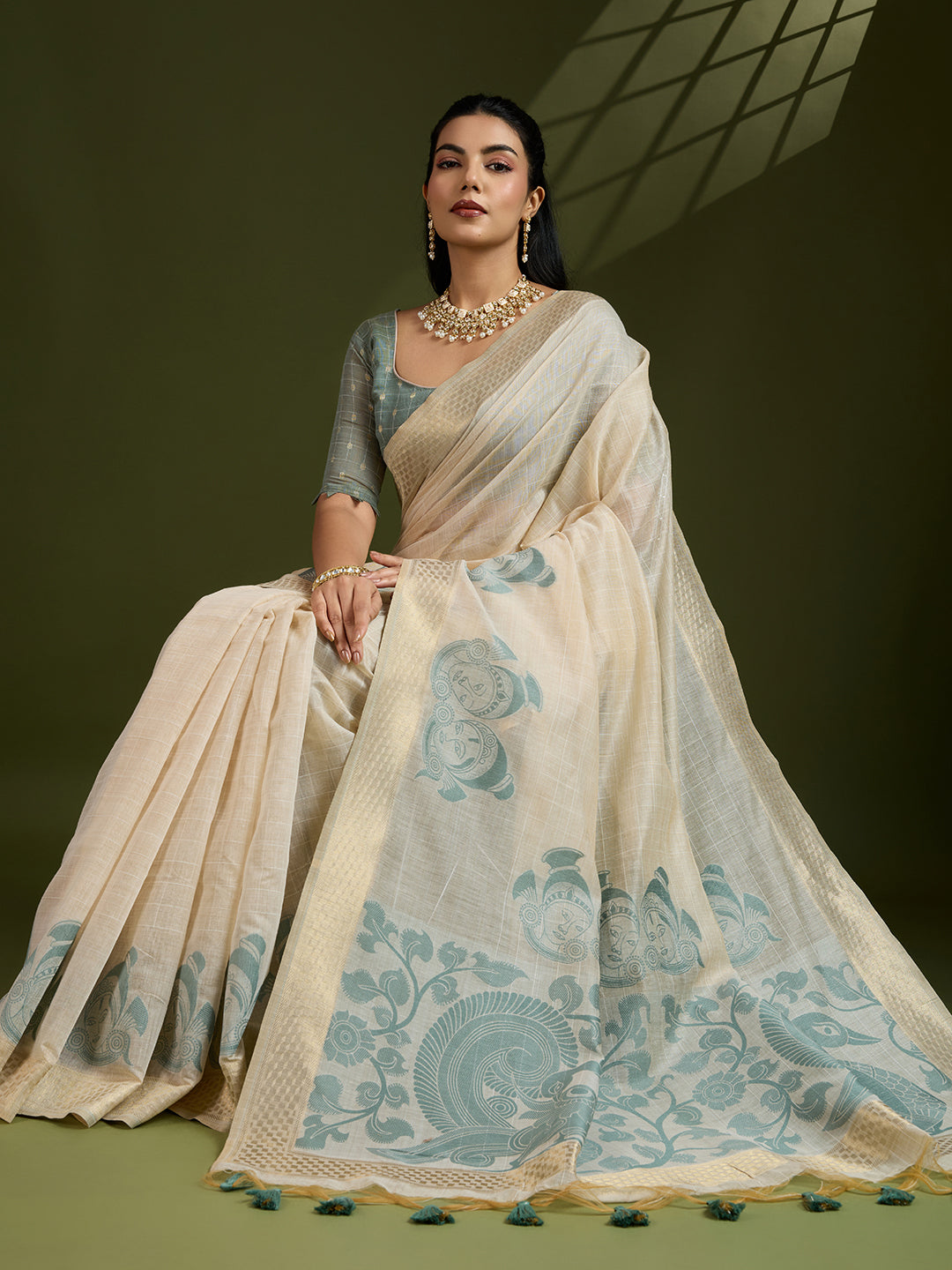 Spanish Green Muga Cotton Saree