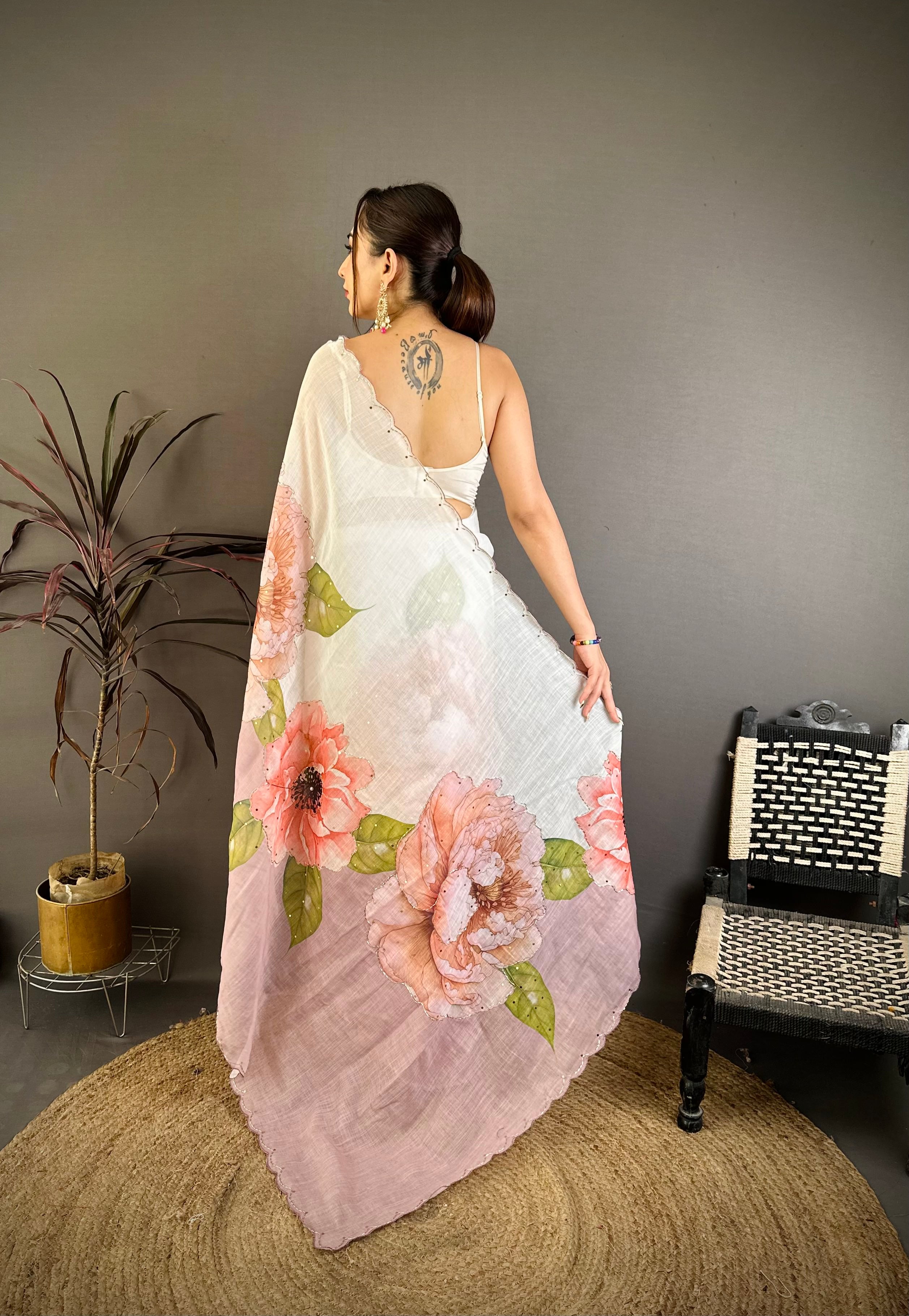 Stylish Hand Worked Pure Linen Saree
