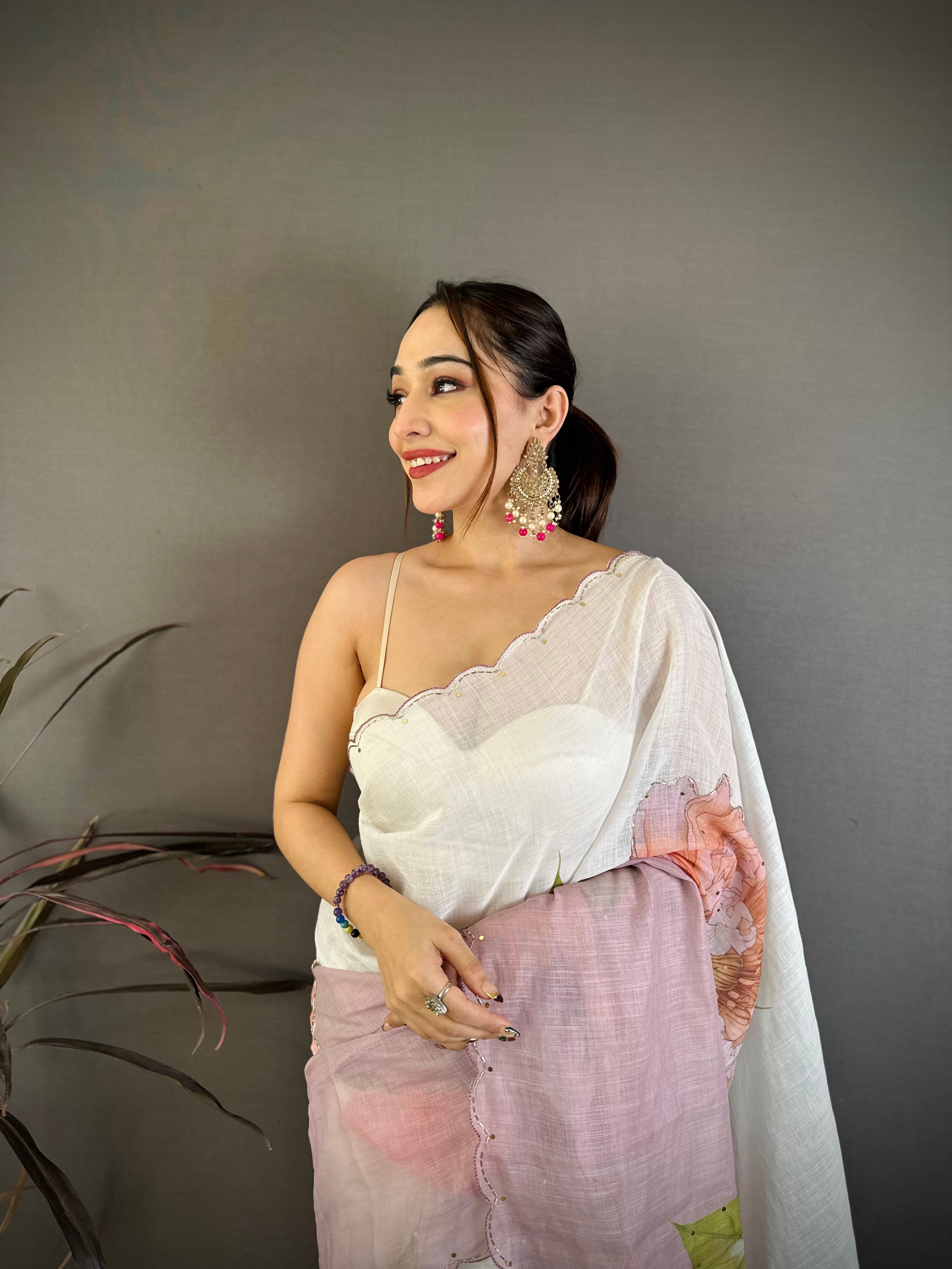 Stylish Hand Worked Pure Linen Saree