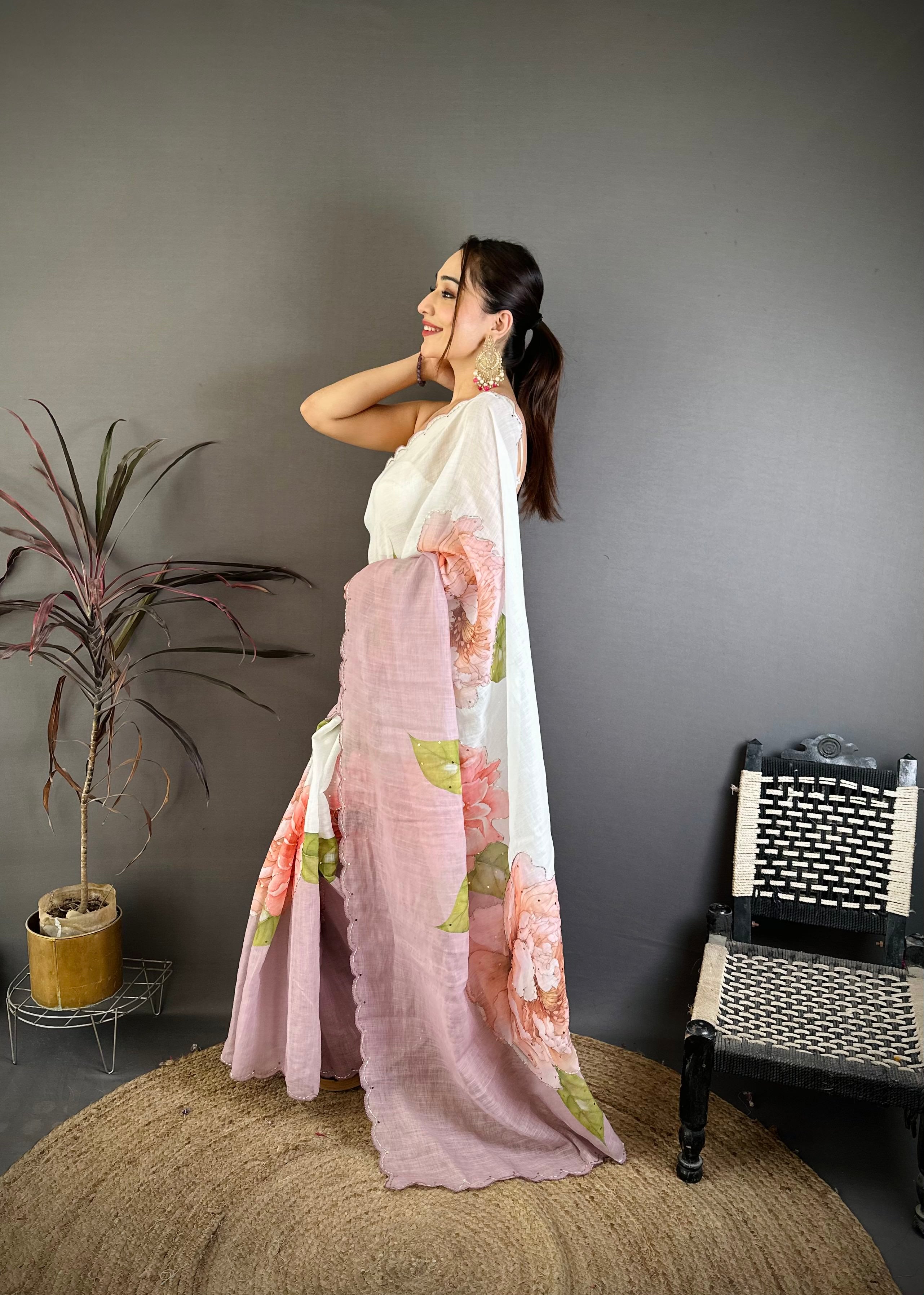Stylish Hand Worked Pure Linen Saree
