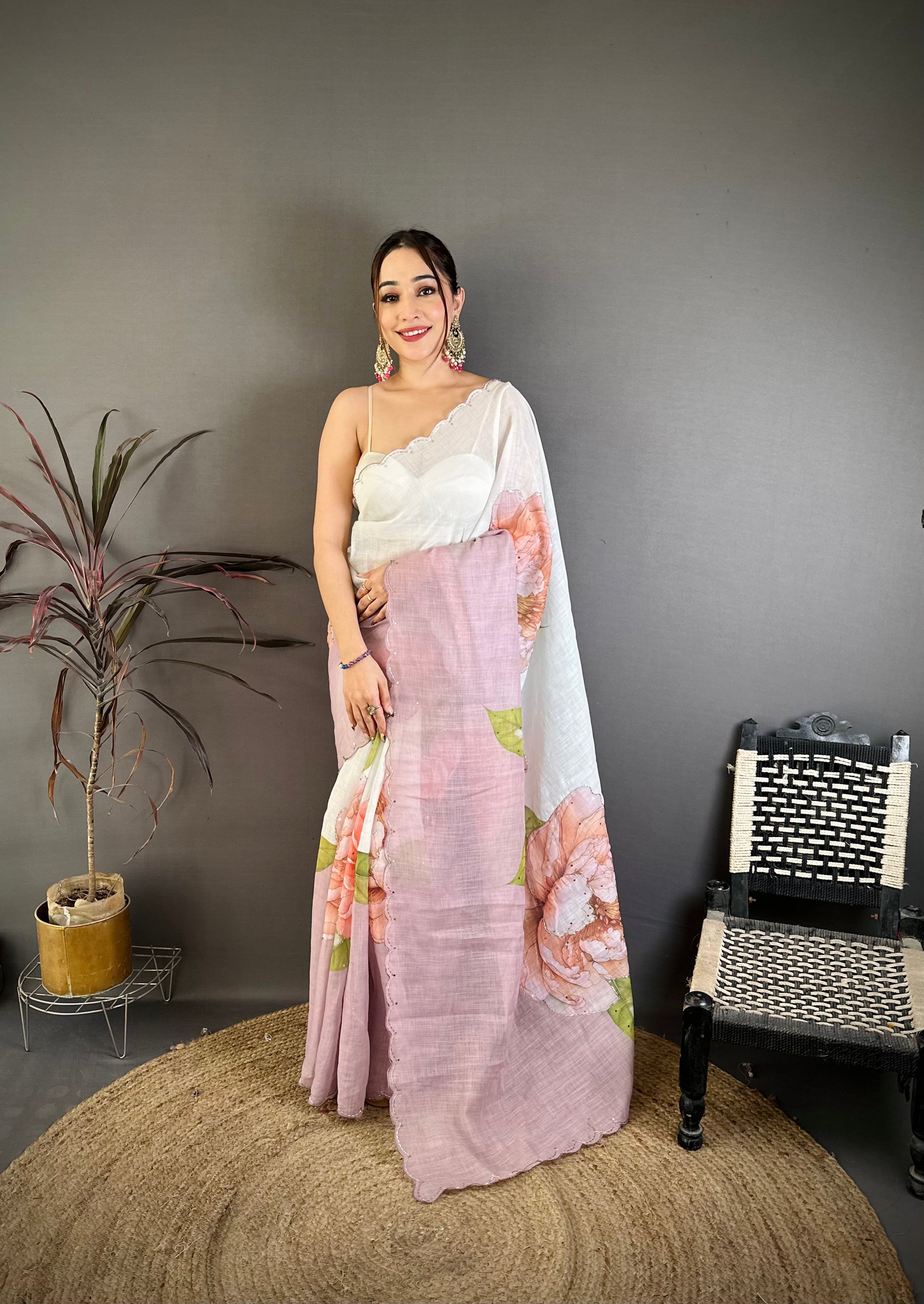 Stylish Hand Worked Pure Linen Saree