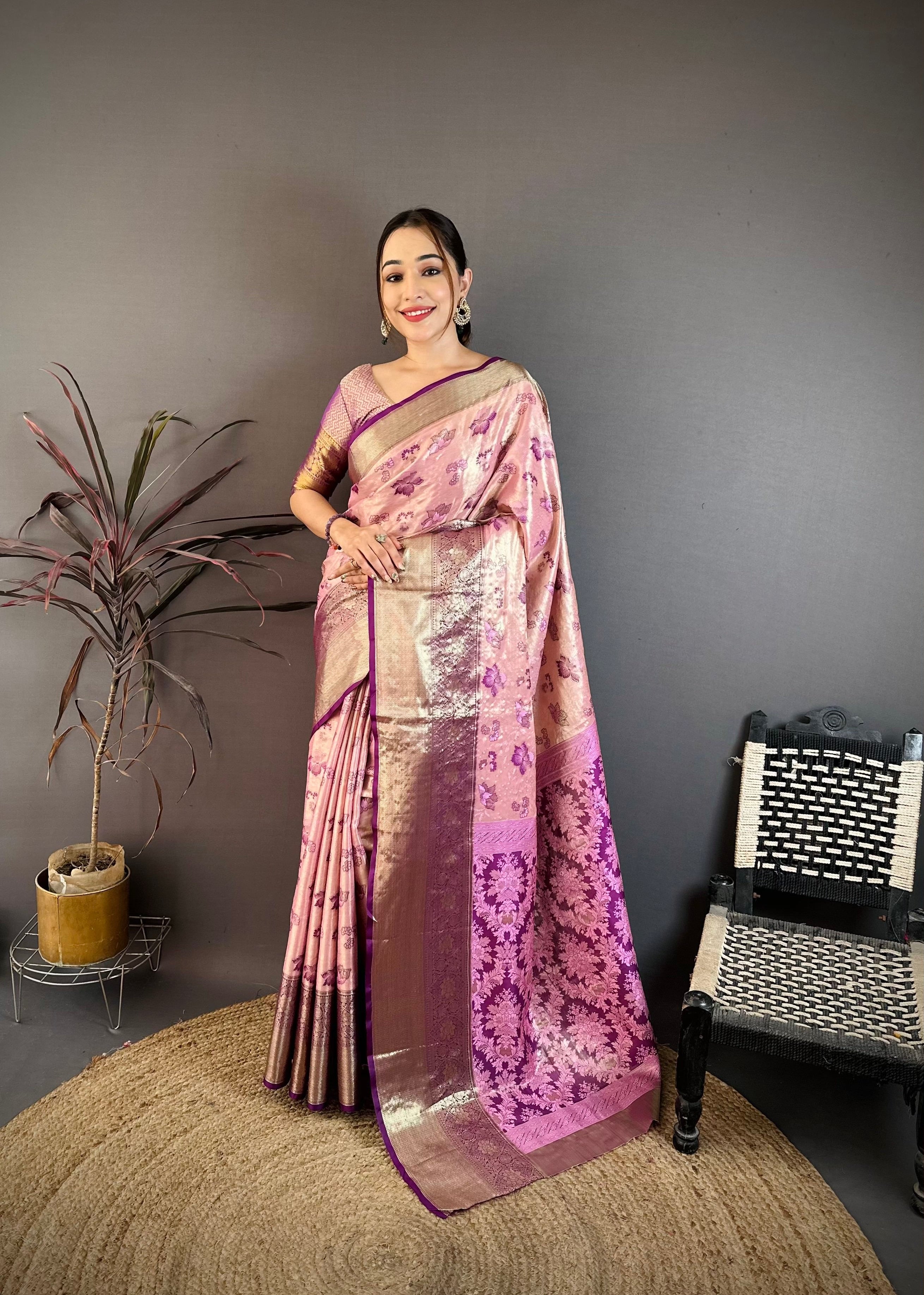 Sweet Pink Floral Wedding Wear Kanjivaram Saree