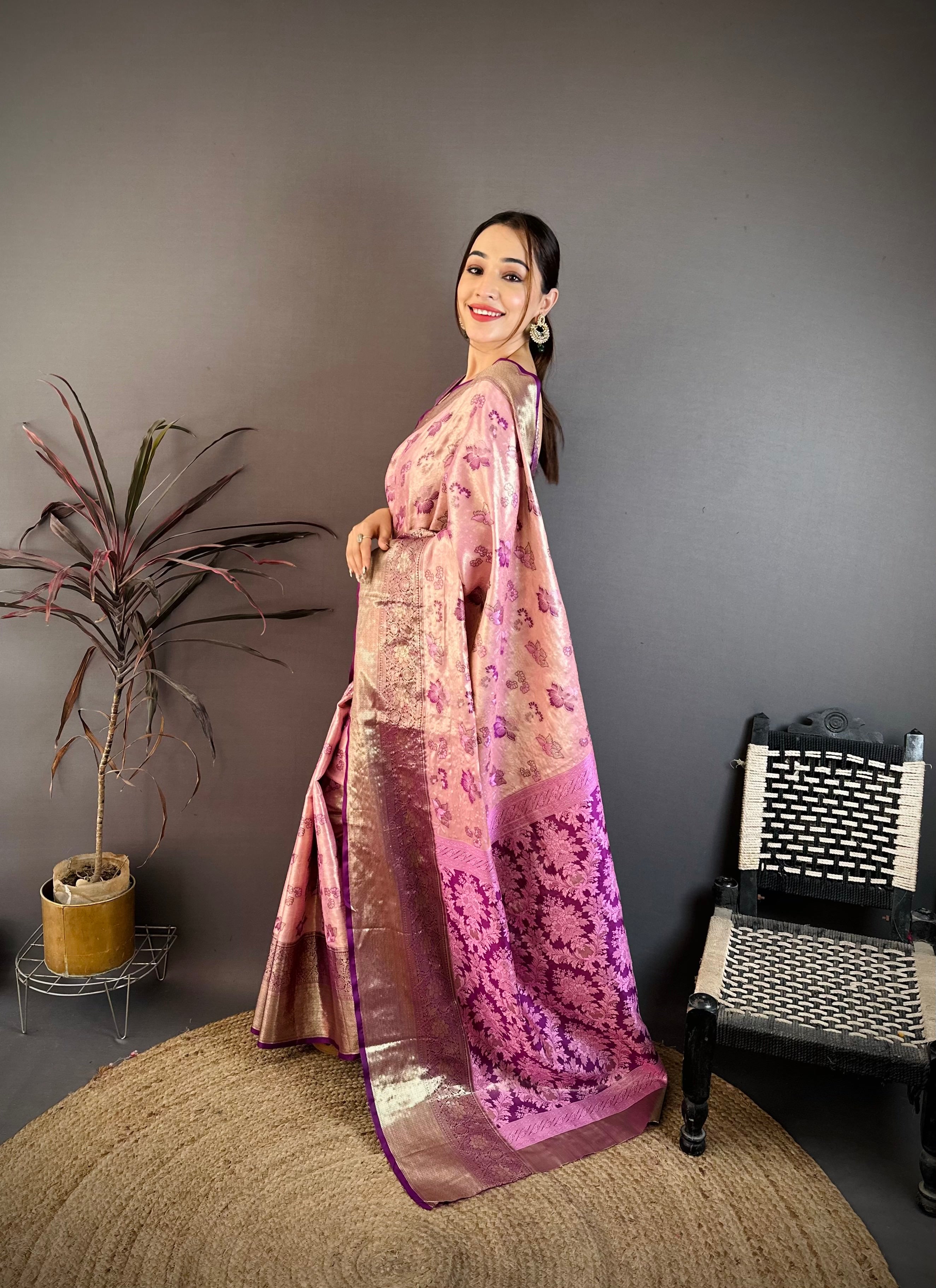 Sweet Pink Floral Wedding Wear Kanjivaram Saree