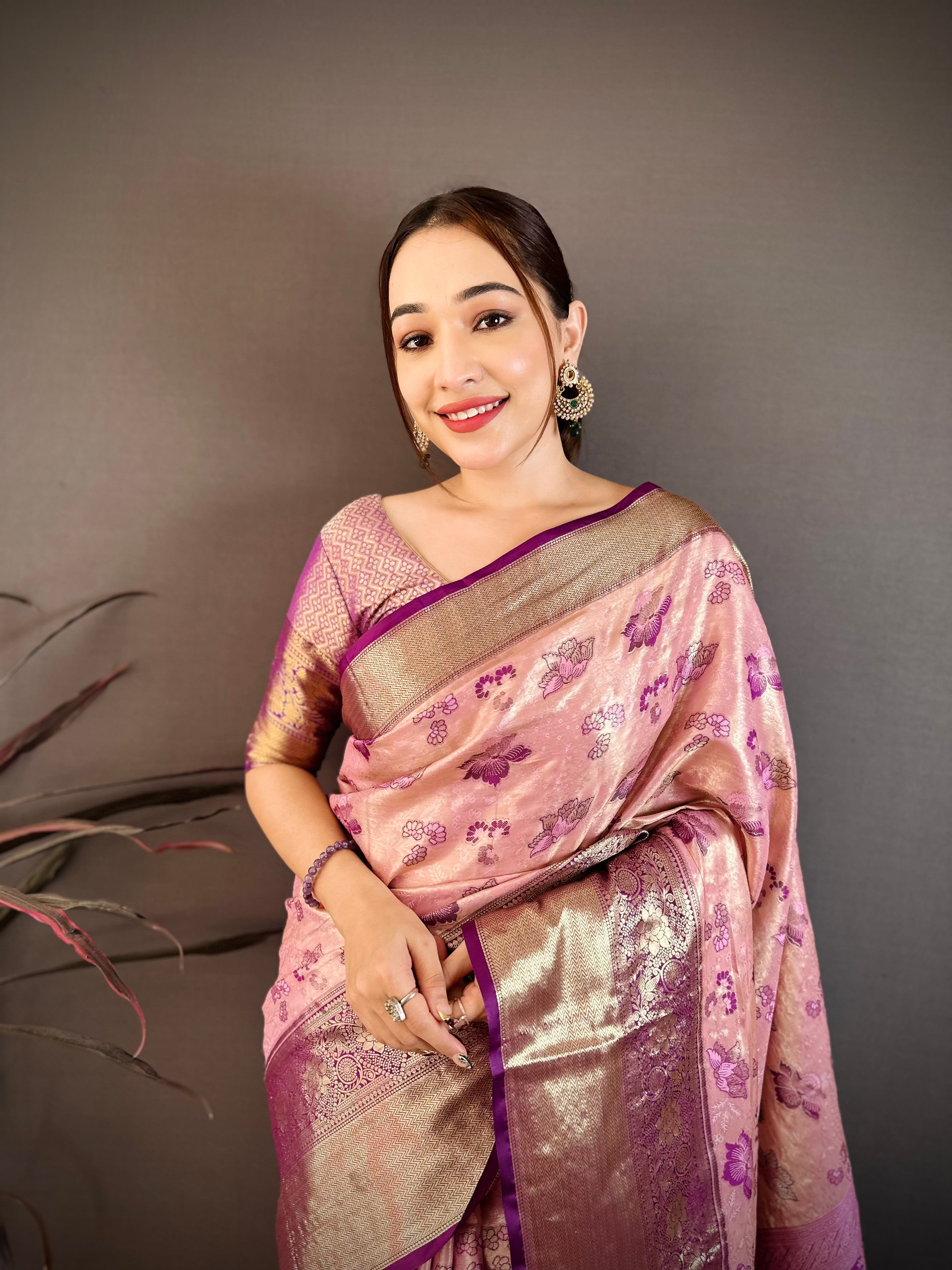 Sweet Pink Floral Wedding Wear Kanjivaram Saree