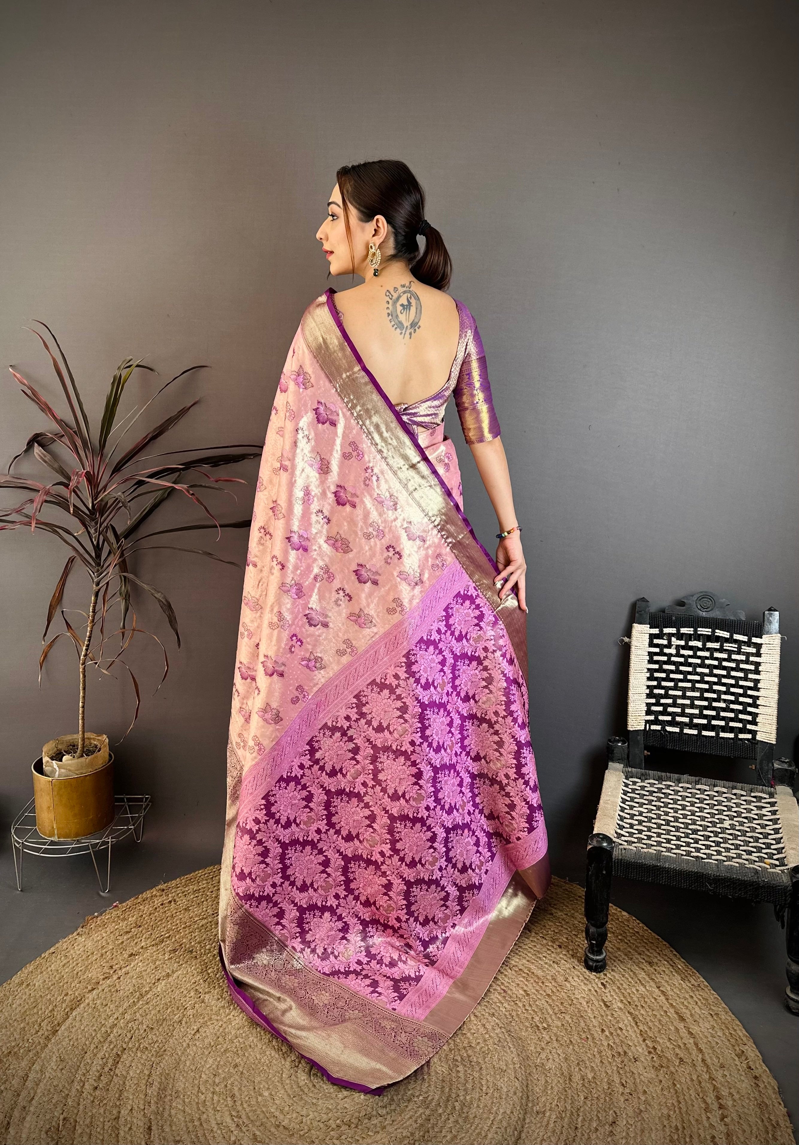Sweet Pink Floral Wedding Wear Kanjivaram Saree