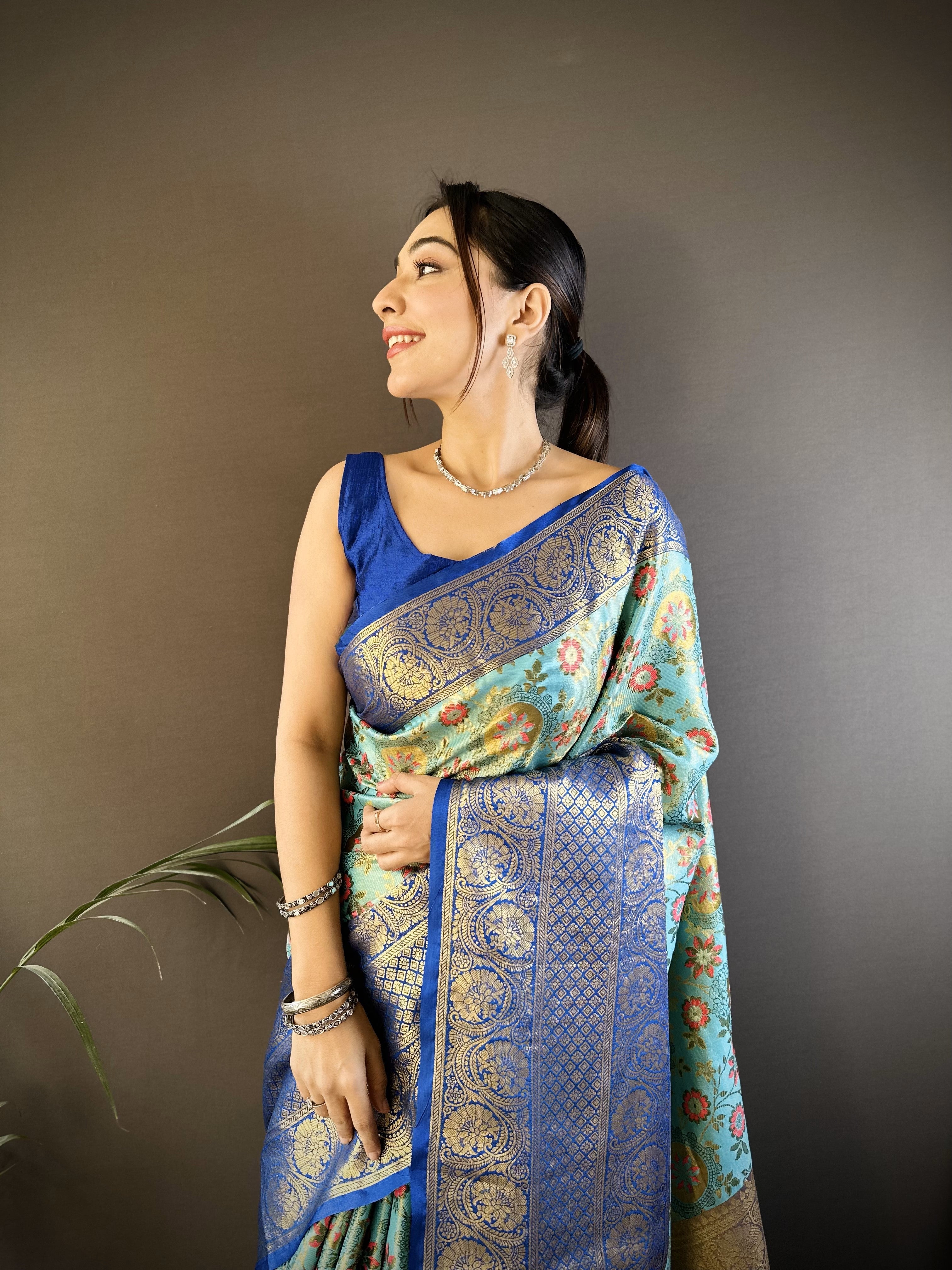 Teal Blue & Blue Kanjivaram Tissue Silk Saree