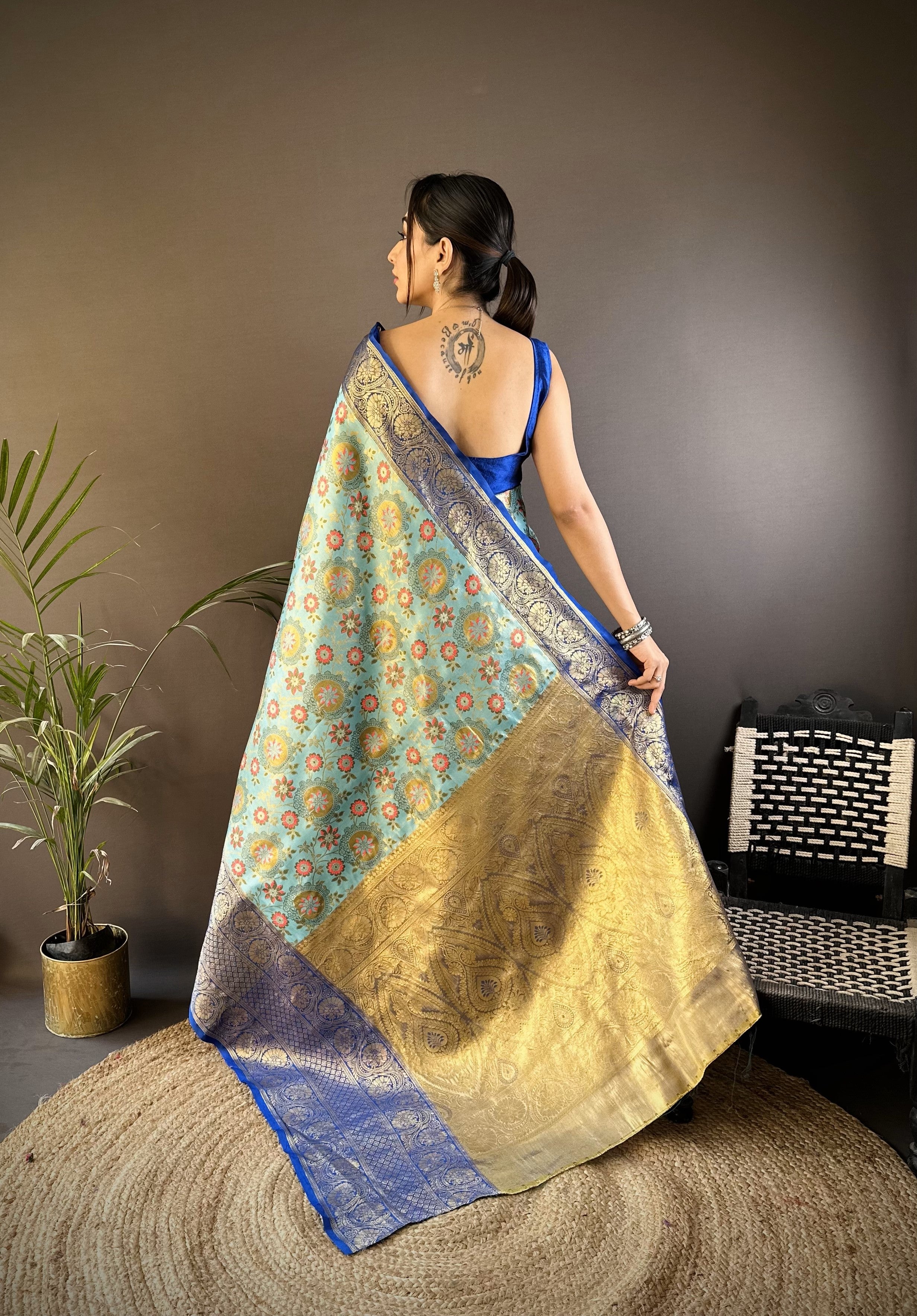 Teal Blue & Blue Kanjivaram Tissue Silk Saree