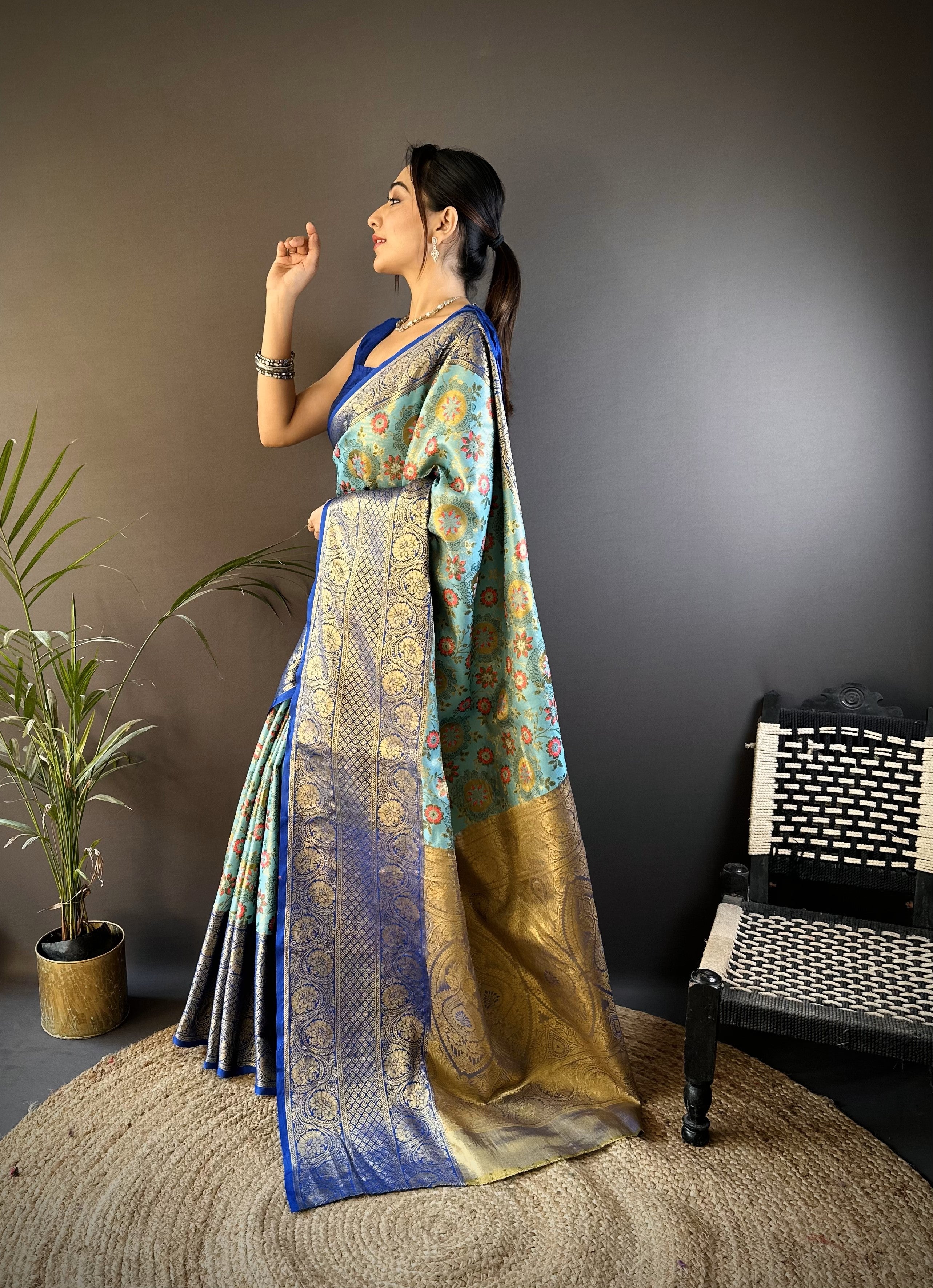Teal Blue & Blue Kanjivaram Tissue Silk Saree