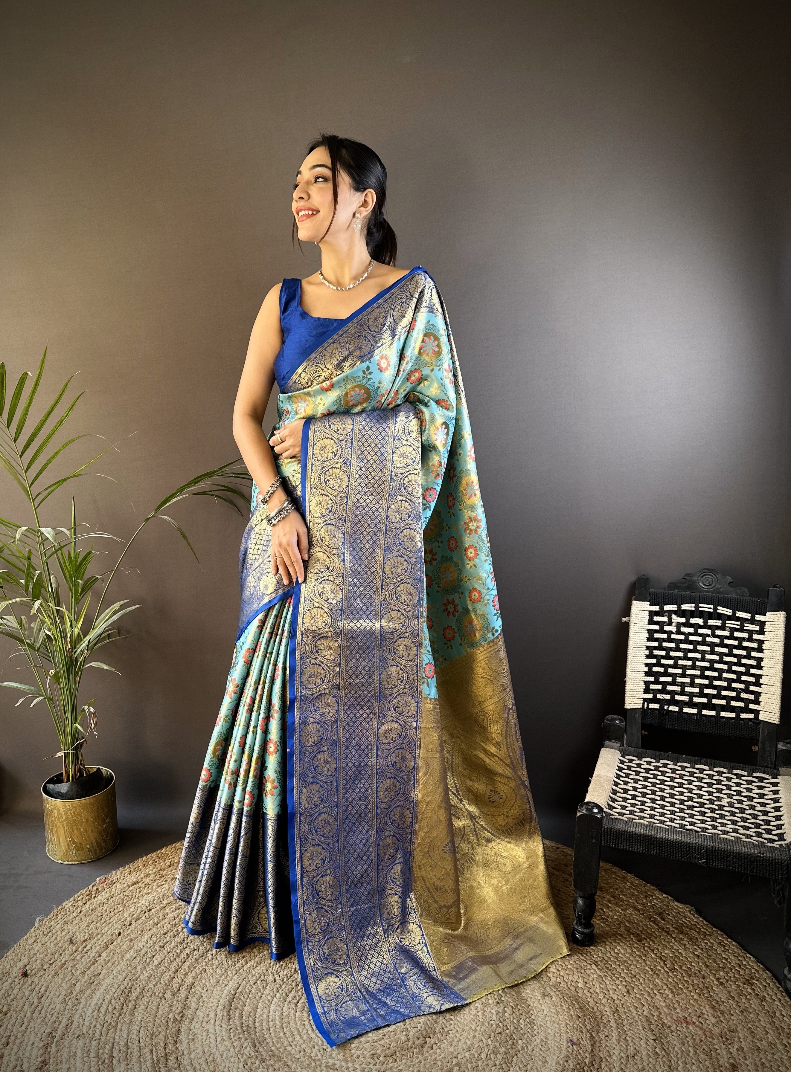 Teal Blue & Blue Kanjivaram Tissue Silk Saree