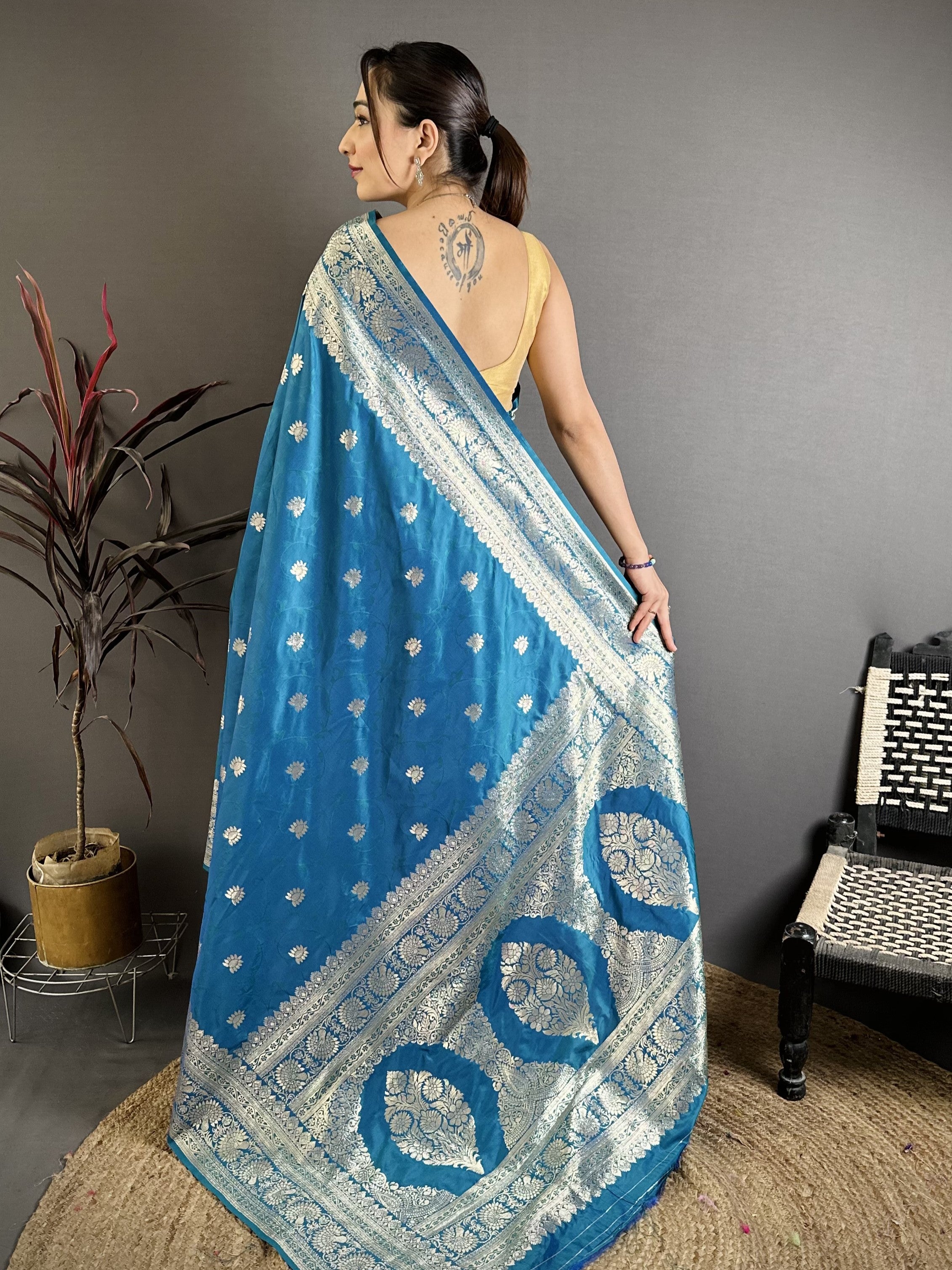 Teal Blue Pure Banarasi Silk Saree