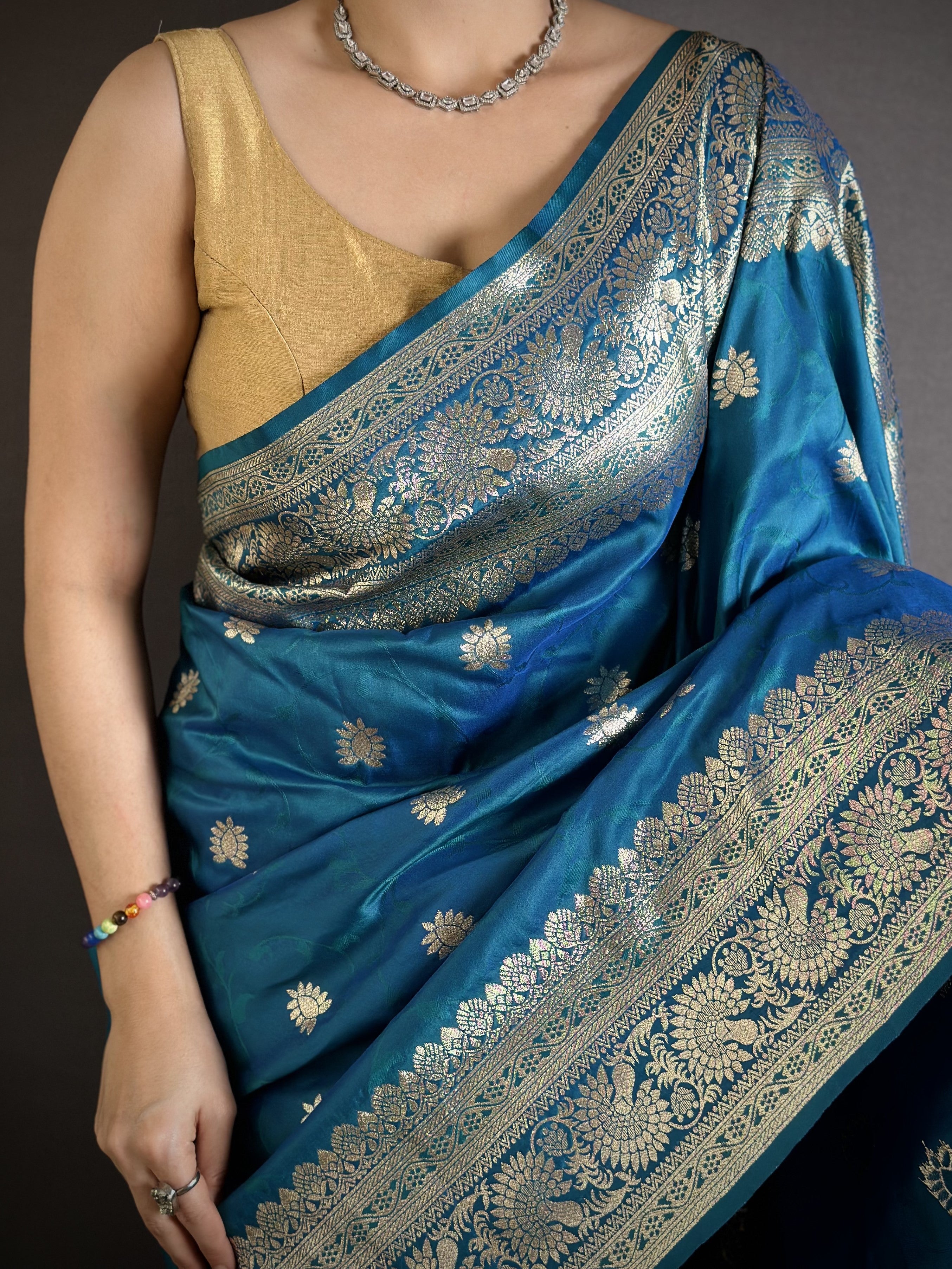 Teal Blue Pure Banarasi Silk Saree